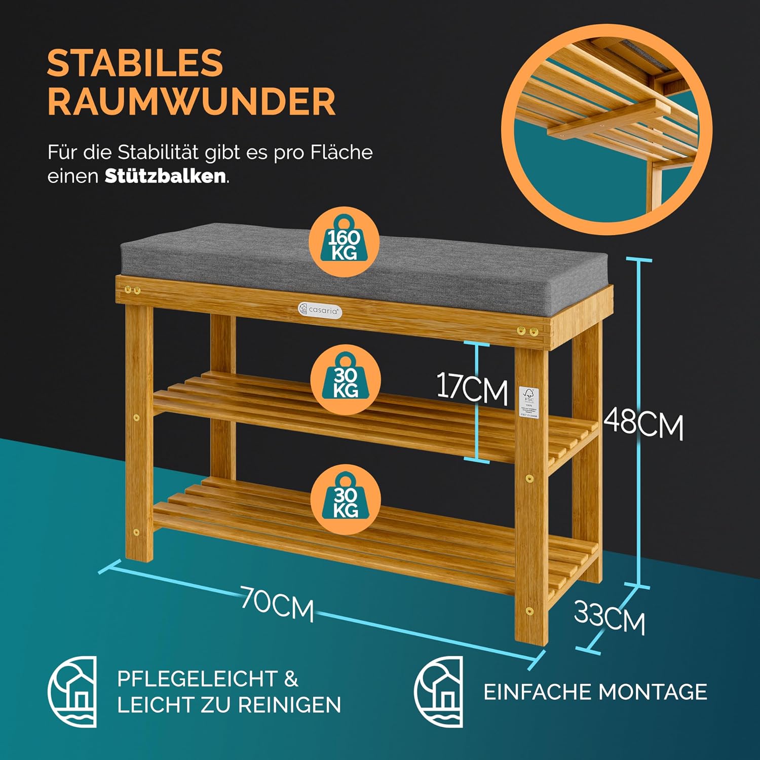 Casaria® Schuhbank mit Sitzfläche FSC®-zertifiziertes Akazien Holz 5cm Polsterauflage abnehmbar Schuhregal Sitzbank Stauraum Schuhschrank — Ansicht 2