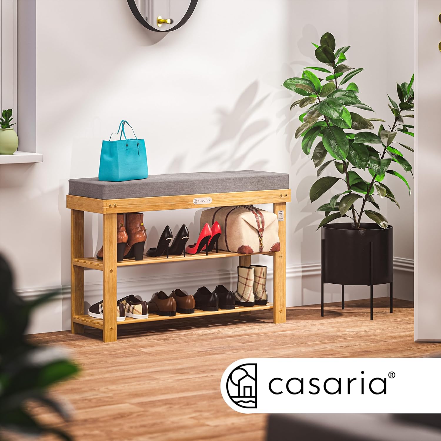 Casaria® Schuhbank mit Sitzfläche FSC®-zertifiziertes Akazien Holz 5cm Polsterauflage abnehmbar Schuhregal Sitzbank Stauraum Schuhschrank — Ansicht 3