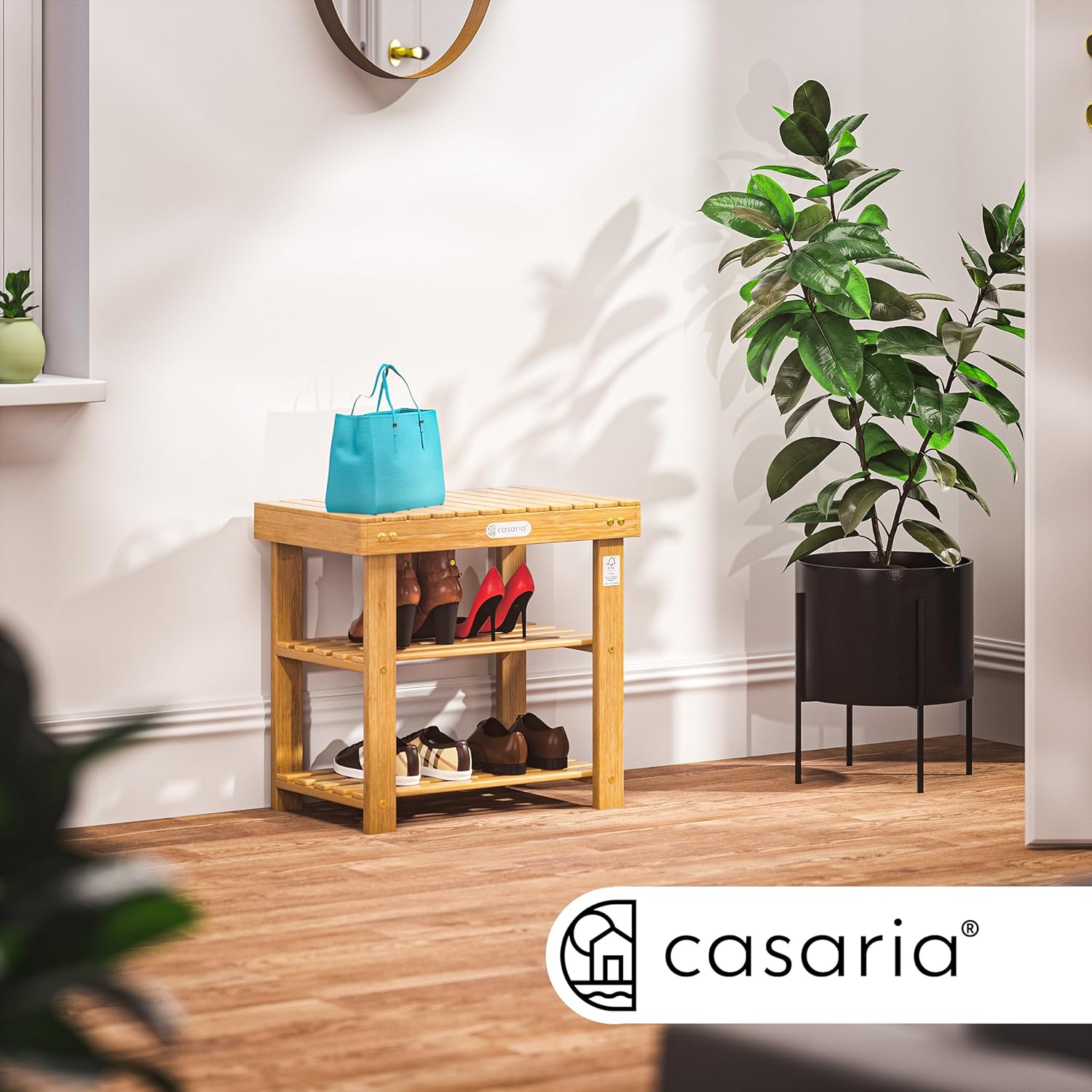 Casaria® Schuhregal mit Sitzfläche Holz Massiv 160kg Belastbarkeit FSC®-Zertifiziert Akazie 3 Ebenen Flur Bad Schuhbank Sitzbank Schuhschrank Braun — Ansicht 3