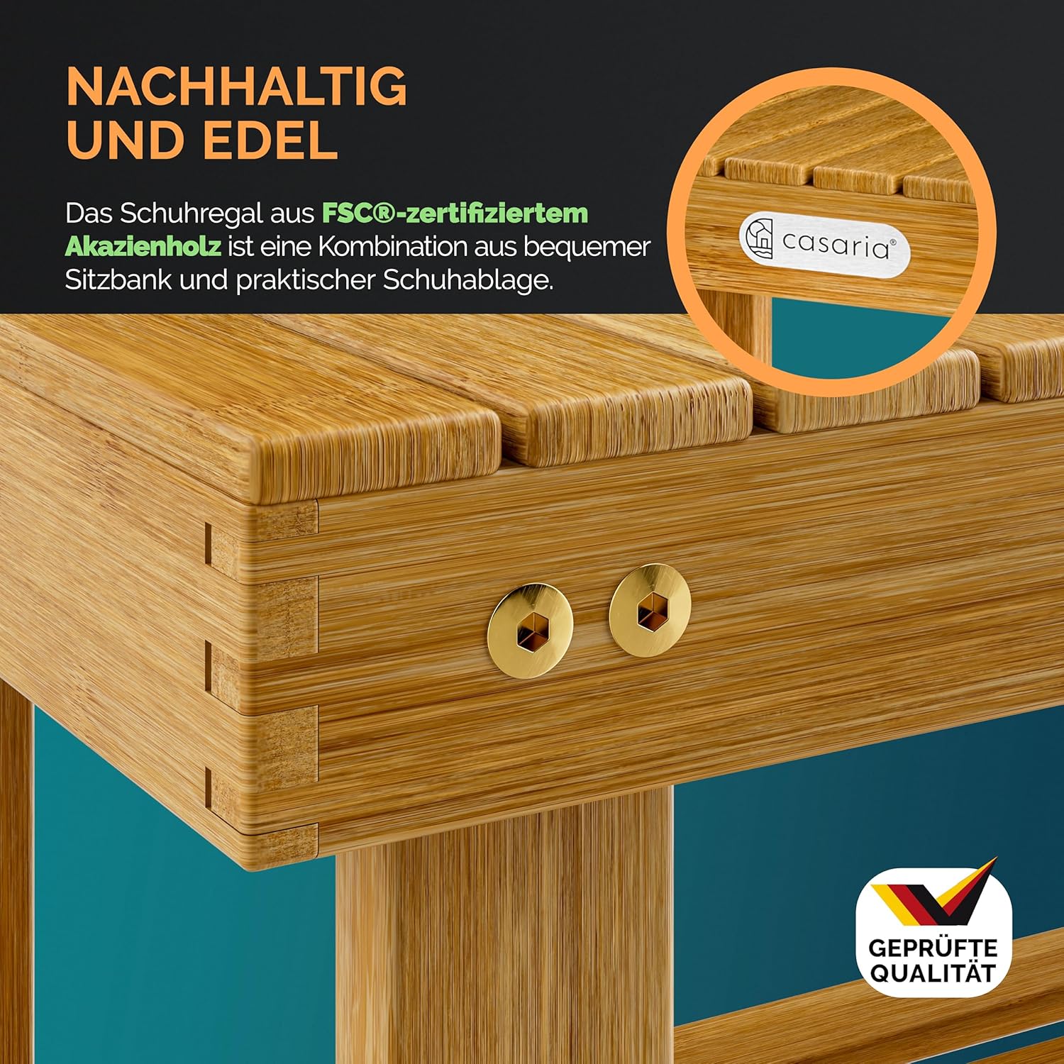 Casaria® Schuhregal mit Sitzfläche Holz Massiv 160kg Belastbarkeit FSC®-Zertifiziert Akazie 3 Ebenen Flur Bad Schuhbank Sitzbank Schuhschrank Braun — Ansicht 5