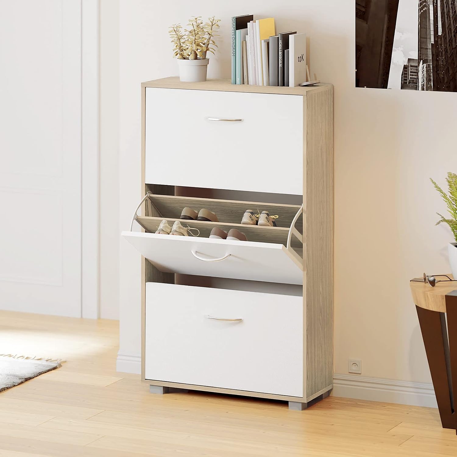 Casaria® Schuhschrank für 18 Paar Schuhe Schmal 115x60x25cm 3 Klappen Hoch Holz Geschlossen Kippsicherung Flur Diele Schuhkipper Schuhkommode Eiche Weiß — Ansicht 2