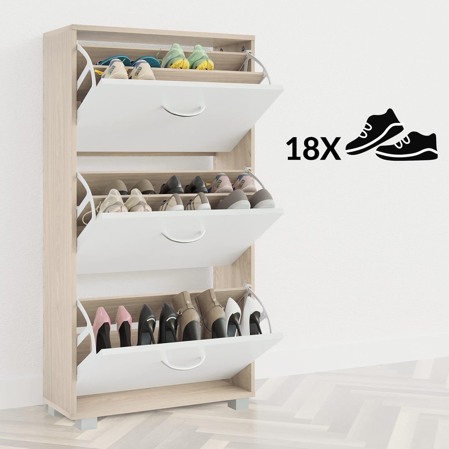Casaria® Schuhschrank für 18 Paar Schuhe Schmal 115x60x25cm 3 Klappen Hoch Holz Geschlossen Kippsicherung Flur Diele Schuhkipper Schuhkommode Eiche Weiß — Ansicht 4