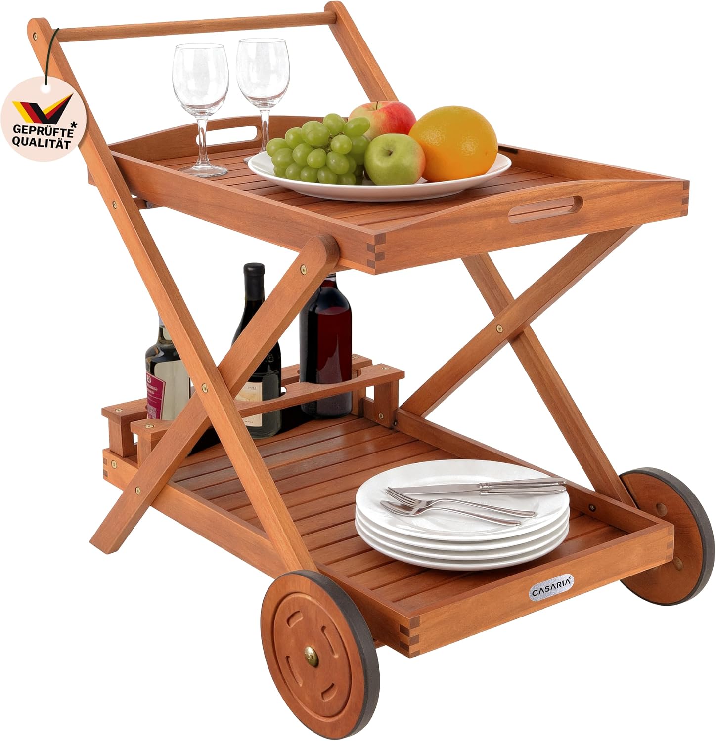 Casaria® Servierwagen mit Rollen Holz FSC®- Zertifiziert Akazie 2 Etagen Tablett 3 Flaschenhalter Outdoor Küche Garten Terrasse Küchenwagen Rollwagen — Ansicht 3