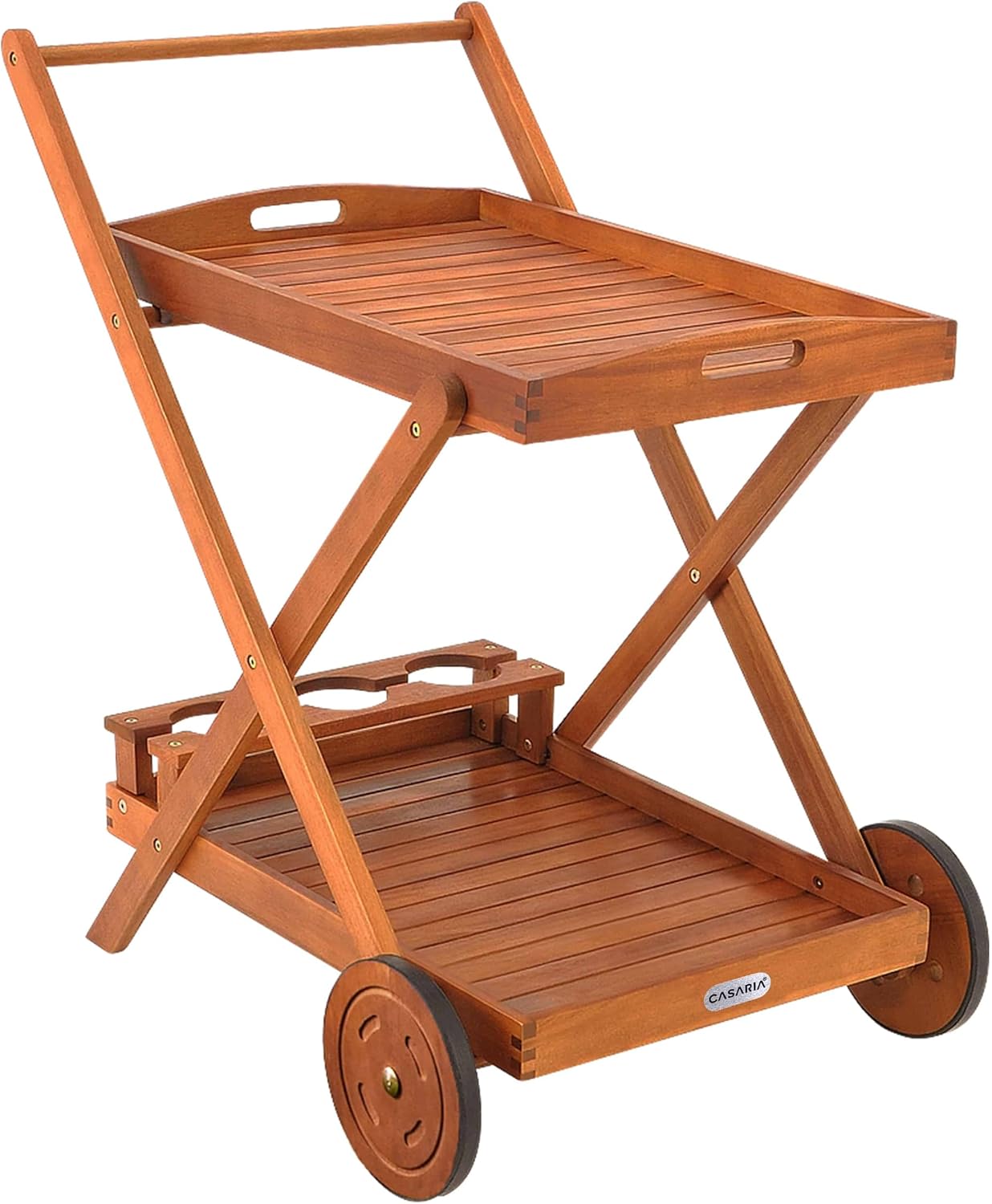 Casaria® Servierwagen mit Rollen Holz FSC®- Zertifiziert Akazie 2 Etagen Tablett 3 Flaschenhalter Outdoor Küche Garten Terrasse Küchenwagen Rollwagen