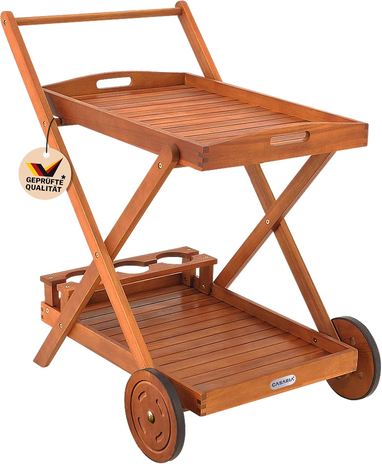 Casaria® Servierwagen mit Rollen Holz FSC®- Zertifiziert Akazie 2 Etagen Tablett 3 Flaschenhalter Outdoor Küche Garten Terrasse Küchenwagen Rollwagen — Ansicht 4