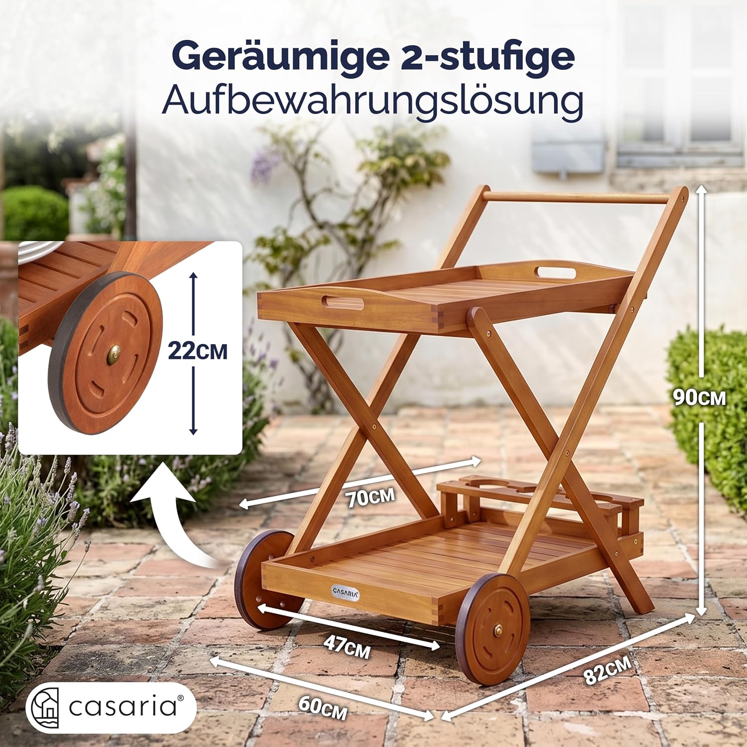 Casaria® Servierwagen mit Rollen Holz FSC®- Zertifiziert Akazie 2 Etagen Tablett 3 Flaschenhalter Outdoor Küche Garten Terrasse Küchenwagen Rollwagen — Ansicht 5