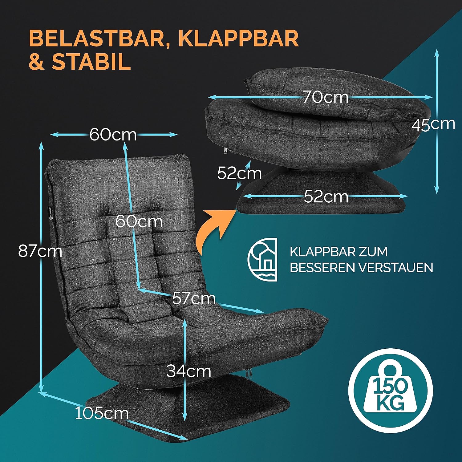 Casaria® Sessel verstellbare Rückenlehne 360° Drehbar Klappbar 150kg Belastbarkeit 60x105x87cm Gepolstert Wohnzimmer Gaming Relax Boden Lounge Sessel Schwarz — Ansicht 2
