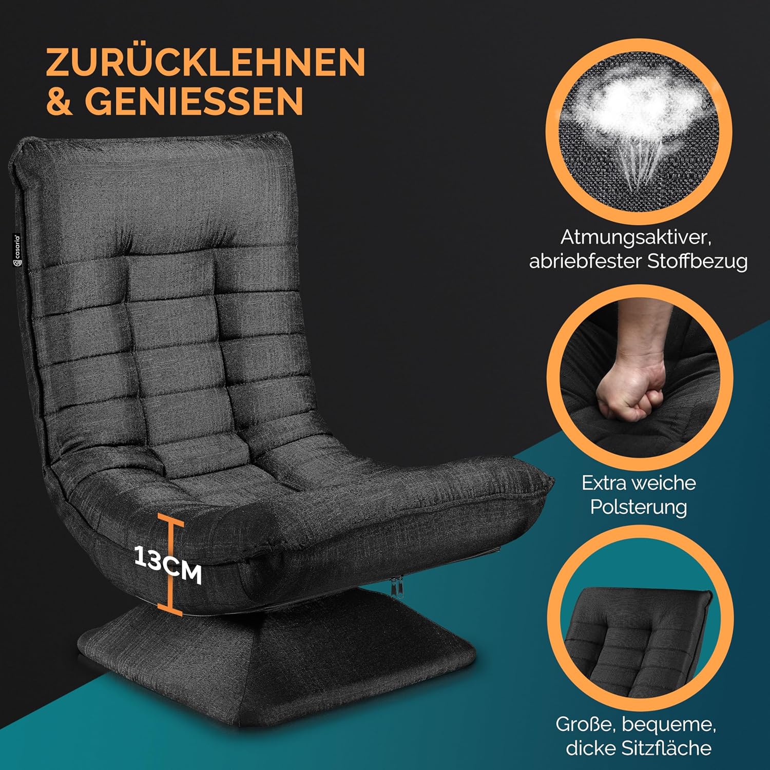 Casaria® Sessel verstellbare Rückenlehne 360° Drehbar Klappbar 150kg Belastbarkeit 60x105x87cm Gepolstert Wohnzimmer Gaming Relax Boden Lounge Sessel Schwarz — Ansicht 5