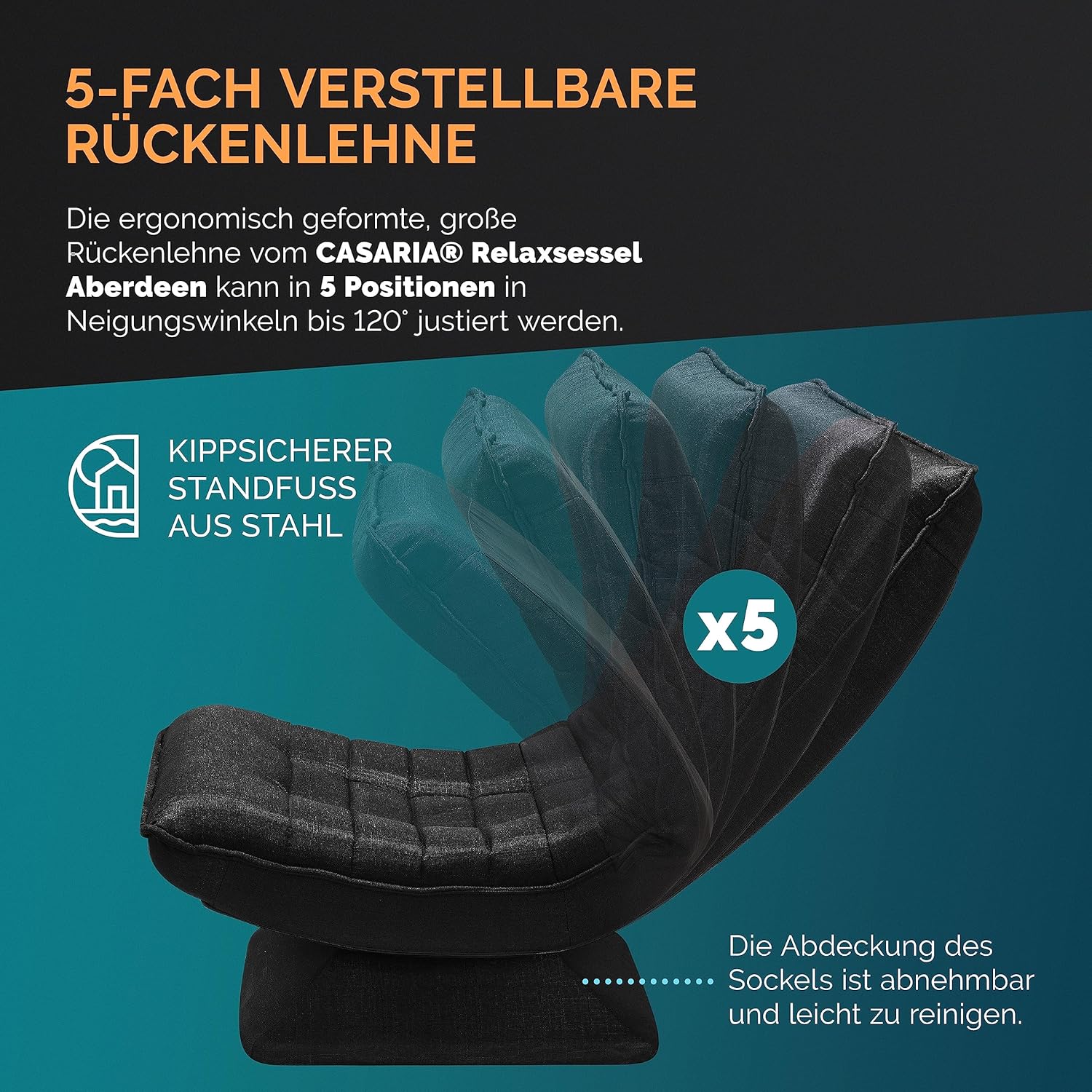 Casaria® Sessel verstellbare Rückenlehne 360° Drehbar Klappbar 150kg Belastbarkeit 60x105x87cm Gepolstert Wohnzimmer Gaming Relax Boden Lounge Sessel Schwarz — Ansicht 6