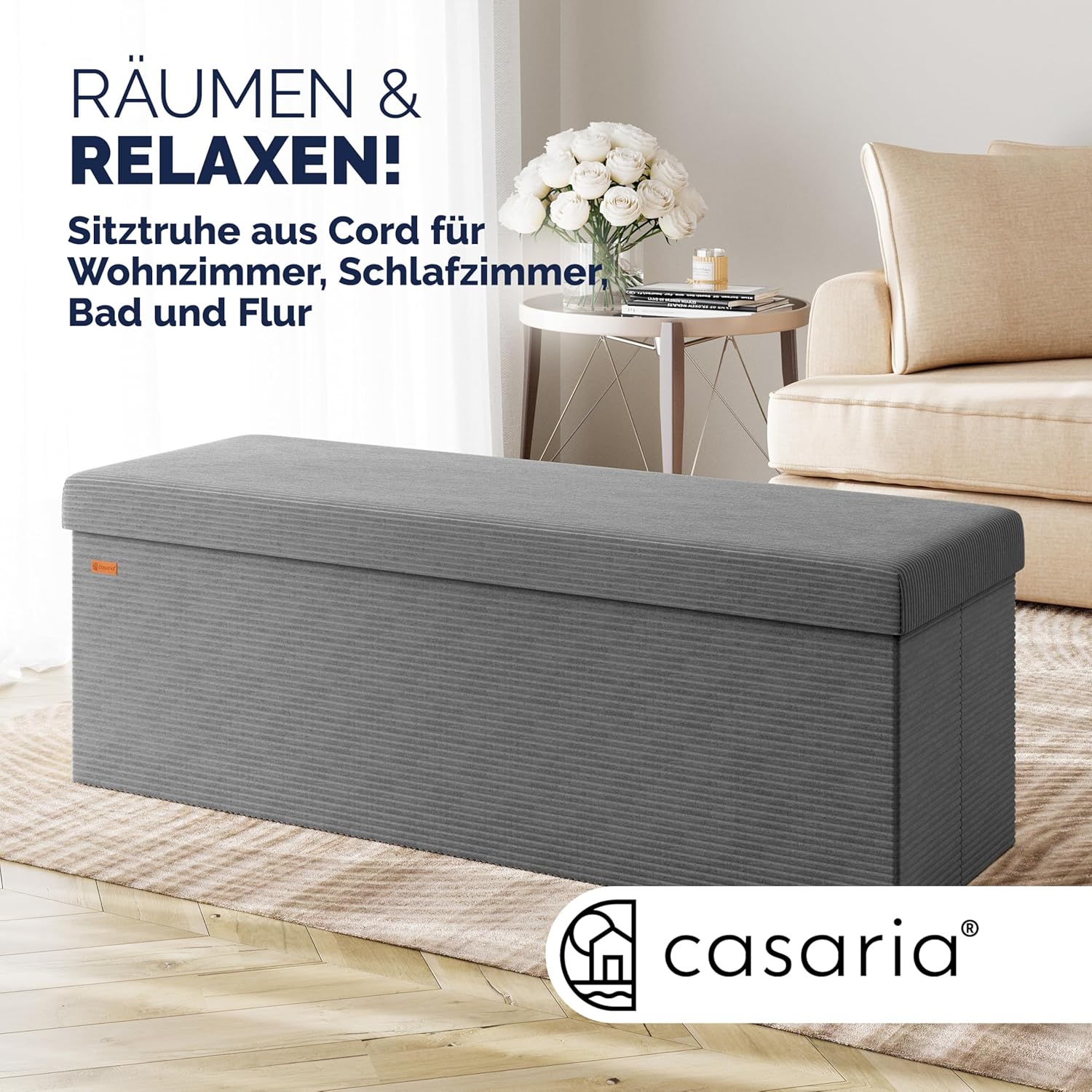 Casaria® Sitzbank mit Stauraum Anthrazit Cord inkl. 2 Boxen Faltbar Sitzbank 300kg Belastbar 114x38cm Truhe für Wohnzimmer Schlafzimmer Flur Truhenbank Bank — Ansicht 2