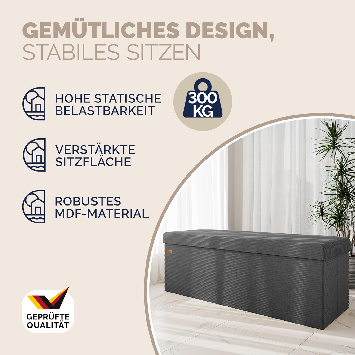 Casaria® Sitzbank mit Stauraum Anthrazit Cord inkl. 2 Boxen Faltbar Sitzbank 300kg Belastbar 114x38cm Truhe für Wohnzimmer Schlafzimmer Flur Truhenbank Bank — Ansicht 3