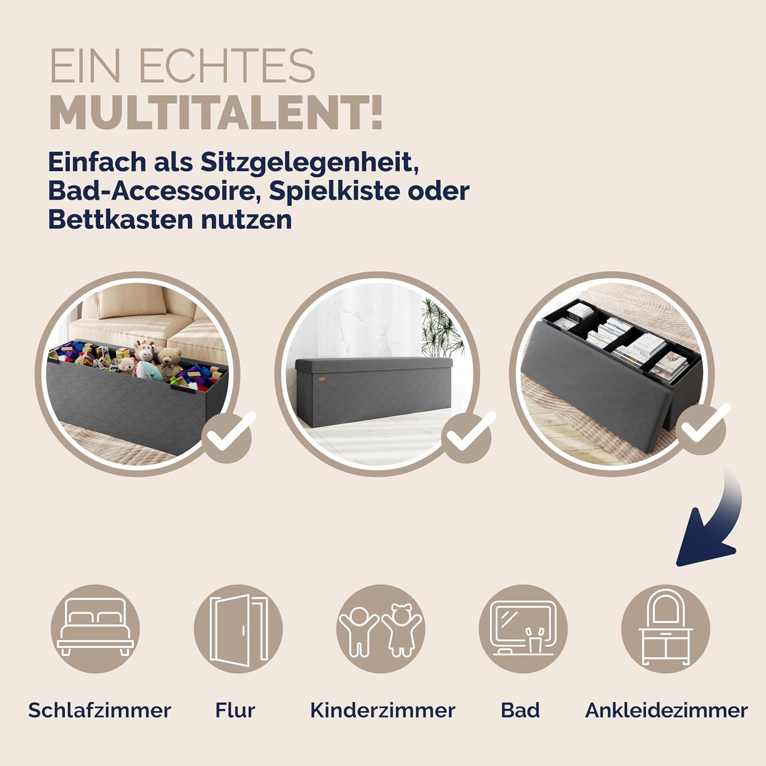 Casaria® Sitzbank mit Stauraum Anthrazit Cord inkl. 2 Boxen Faltbar Sitzbank 300kg Belastbar 114x38cm Truhe für Wohnzimmer Schlafzimmer Flur Truhenbank Bank — Ansicht 5