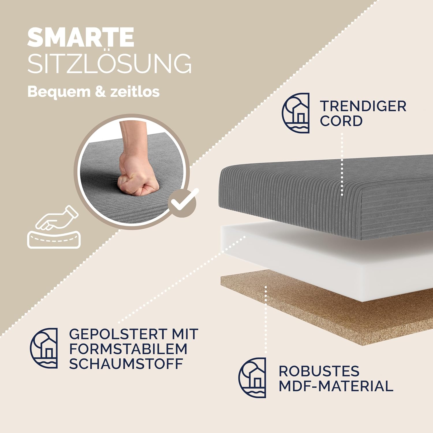 Casaria® Sitzbank mit Stauraum Anthrazit Cord inkl. 2 Boxen Faltbar Sitzbank 300kg Belastbar 114x38cm Truhe für Wohnzimmer Schlafzimmer Flur Truhenbank Bank — Ansicht 6