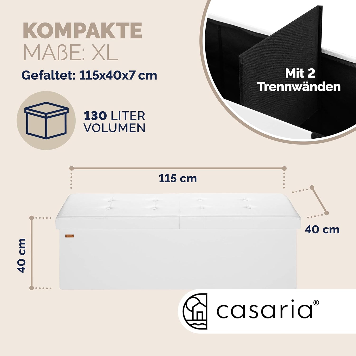 Casaria® Sitzbank mit Stauraum, Weiß - Faltbar, 115 x 40 x 40 cm, 130L Volumen, bis 300 kg belastbar, gepolstert, Leinen-Optik - Aufbewahrungsbox mit Deckel, Sitztruhe mit Stauraum, Polsterbank — Ansicht 3