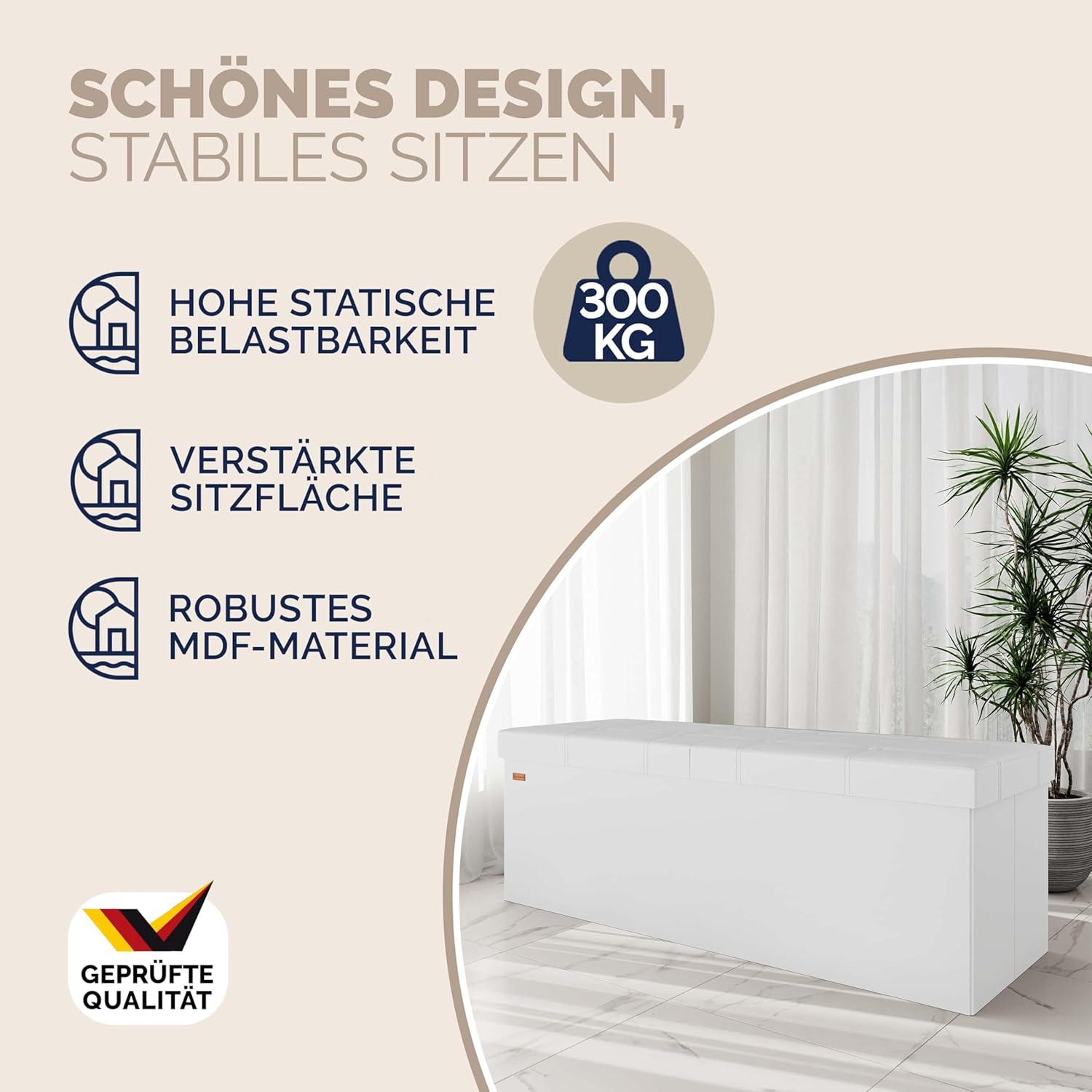 Casaria® Sitzbank mit Stauraum, Weiß - Faltbar, 115 x 40 x 40 cm, 130L Volumen, bis 300 kg belastbar, gepolstert, Leinen-Optik - Aufbewahrungsbox mit Deckel, Sitztruhe mit Stauraum, Polsterbank — Ansicht 5