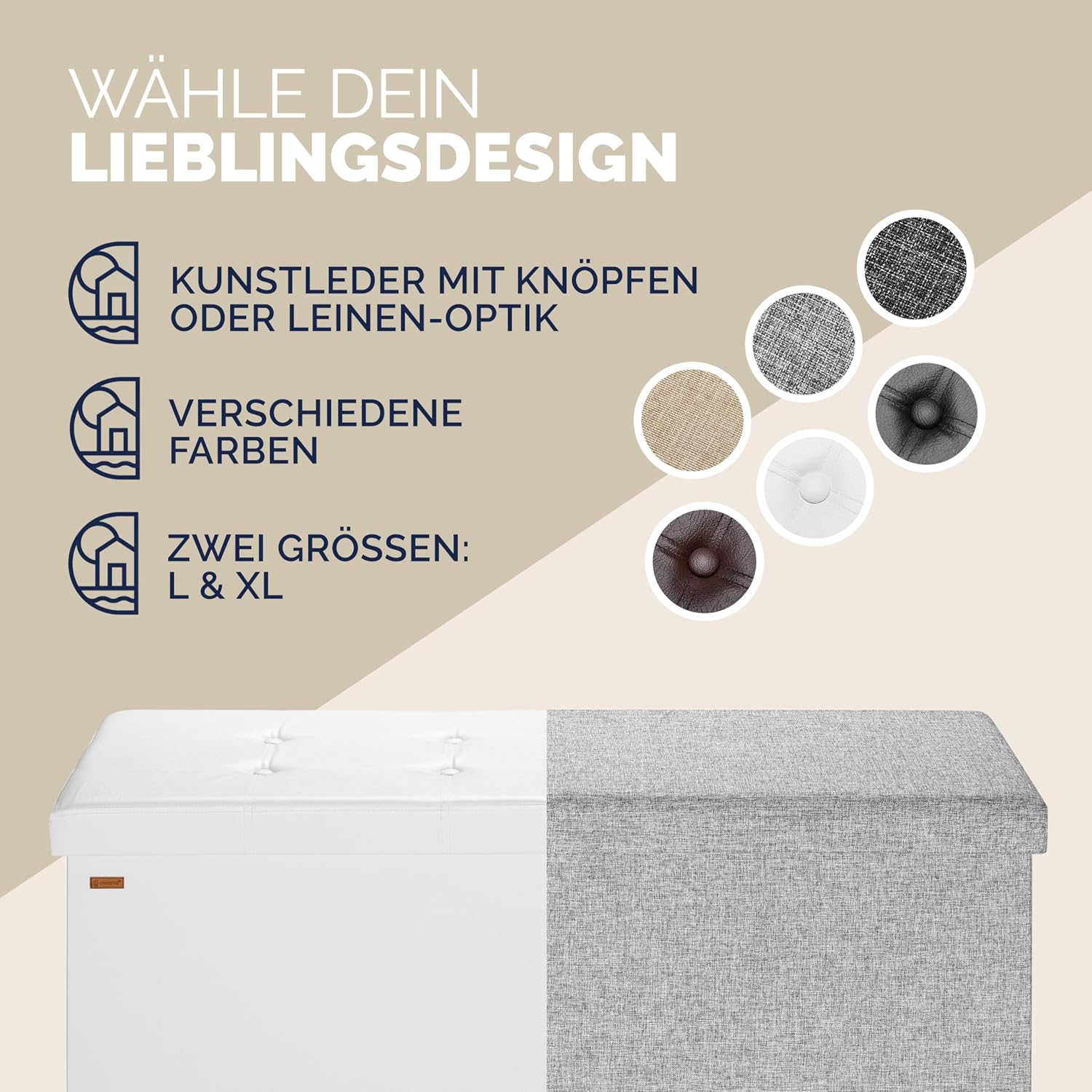 Casaria® Sitzbank mit Stauraum, Weiß - Faltbar, 115 x 40 x 40 cm, 130L Volumen, bis 300 kg belastbar, gepolstert, Leinen-Optik - Aufbewahrungsbox mit Deckel, Sitztruhe mit Stauraum, Polsterbank — Ansicht 6