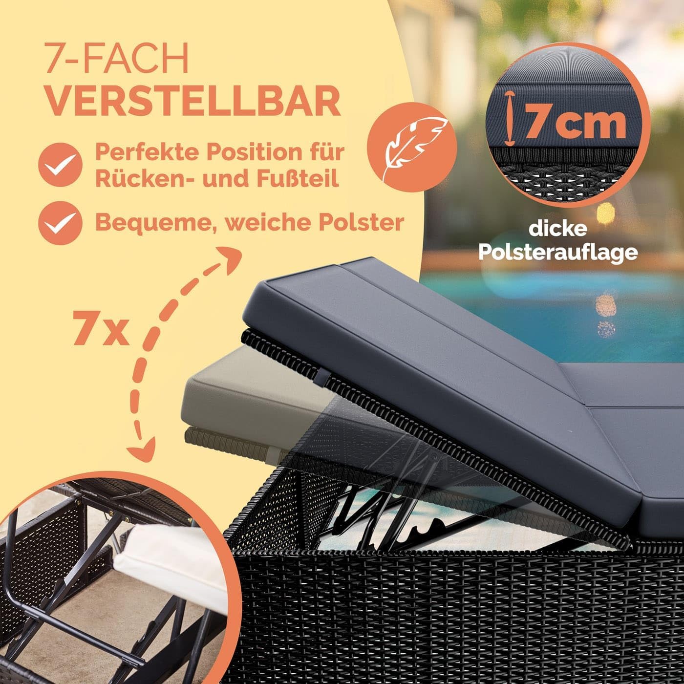 Casaria® Sonnenliege 2 Personen mit Klapptisch Gartenliege 7cm Auflagen Wetterfest 220kg Belastbar Liegestuhl Verstellbar Schwarz Anthrazit 200x115cm — Ansicht 5