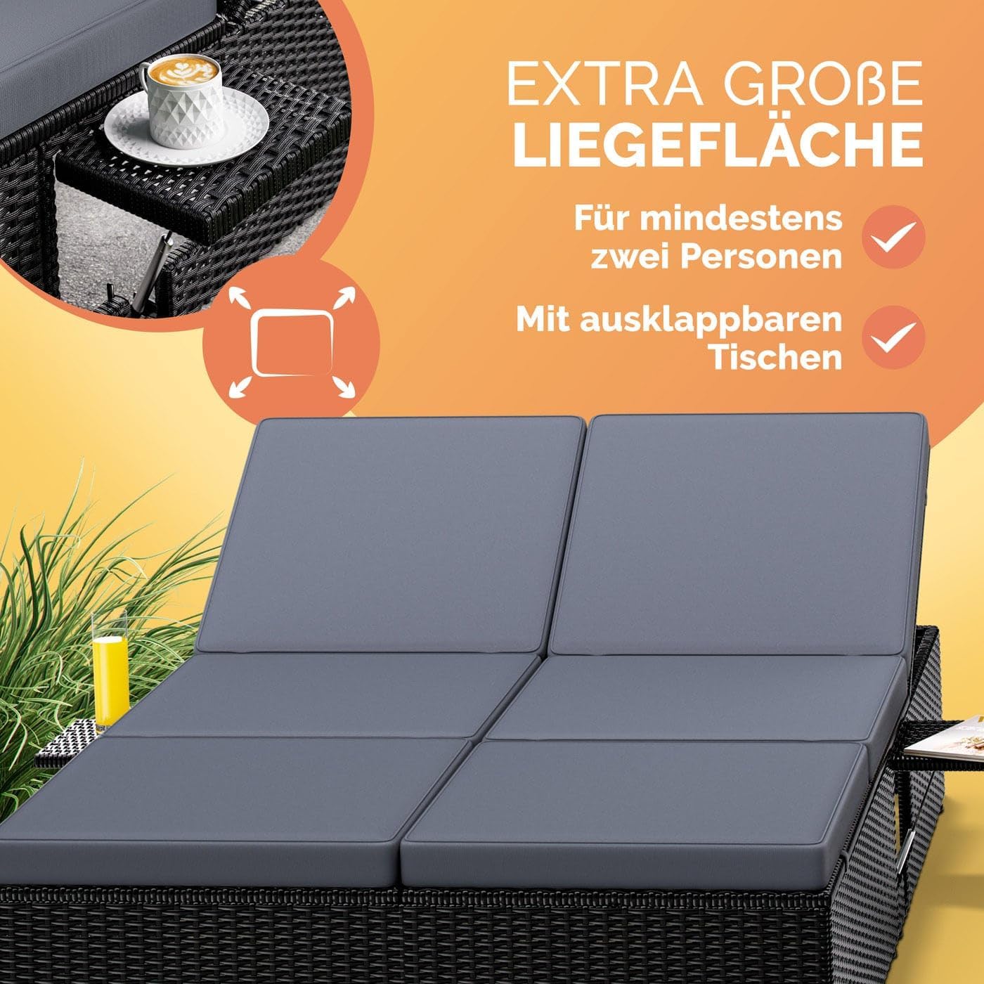Casaria® Sonnenliege 2 Personen mit Klapptisch Gartenliege 7cm Auflagen Wetterfest 220kg Belastbar Liegestuhl Verstellbar Schwarz Anthrazit 200x115cm — Ansicht 6