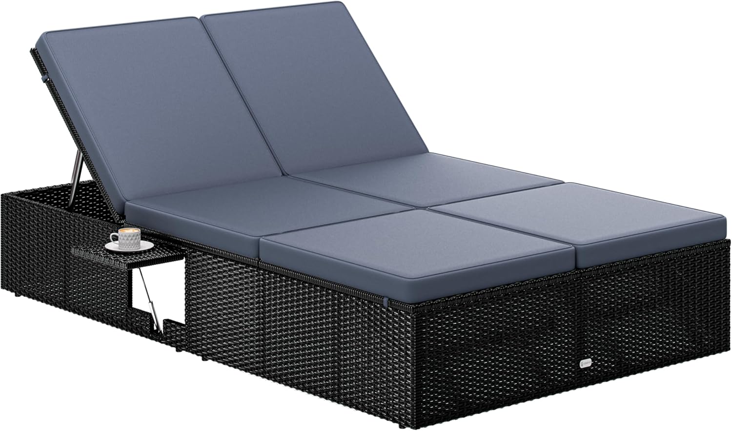 Casaria® Sonnenliege 2 Personen mit Klapptisch Gartenliege 7cm Auflagen Wetterfest 220kg Belastbar Liegestuhl Verstellbar Schwarz Anthrazit 200x115cm