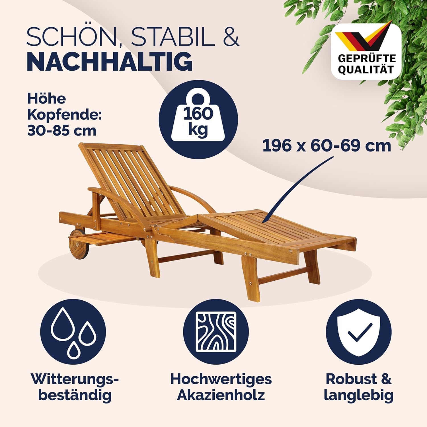Casaria® Sonnenliege 2er Set Klappbar Wetterfest 2 Personen Holz Gartenliege mit 2 Räder Ablage Tisch Liegestuhl Verstellbare Rücken- Fußlehne Garten 196cm — Ansicht 2