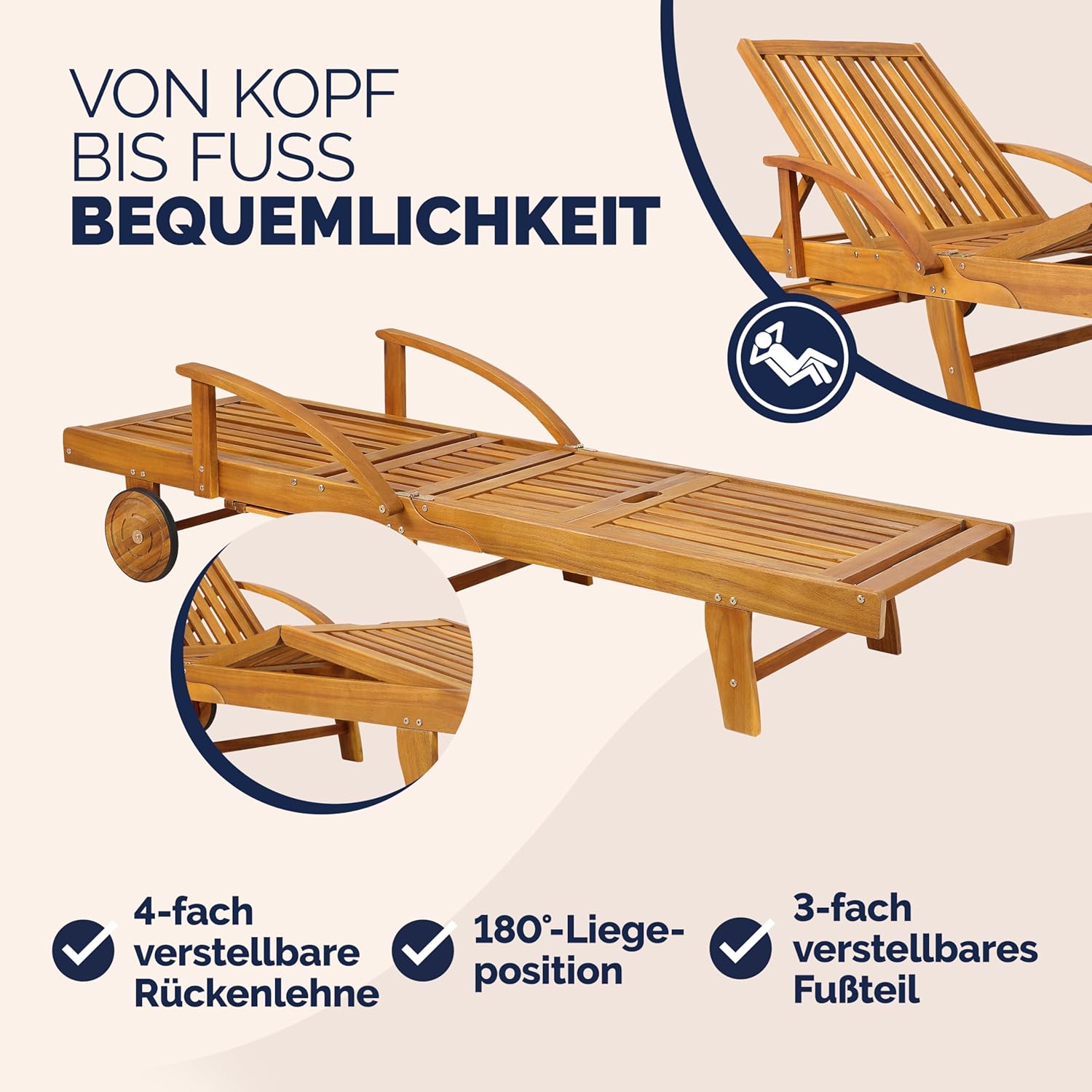 Casaria® Sonnenliege 2er Set Klappbar Wetterfest 2 Personen Holz Gartenliege mit 2 Räder Ablage Tisch Liegestuhl Verstellbare Rücken- Fußlehne Garten 196cm — Ansicht 3