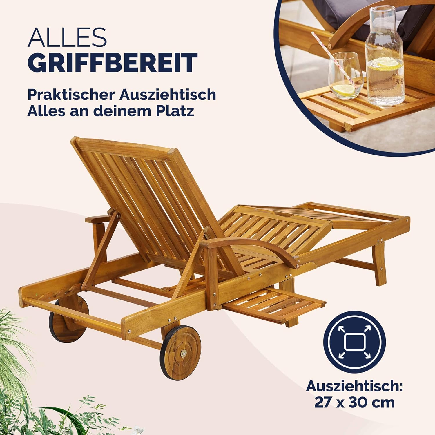 Casaria® Sonnenliege 2er Set Klappbar Wetterfest 2 Personen Holz Gartenliege mit 2 Räder Ablage Tisch Liegestuhl Verstellbare Rücken- Fußlehne Garten 196cm — Ansicht 4