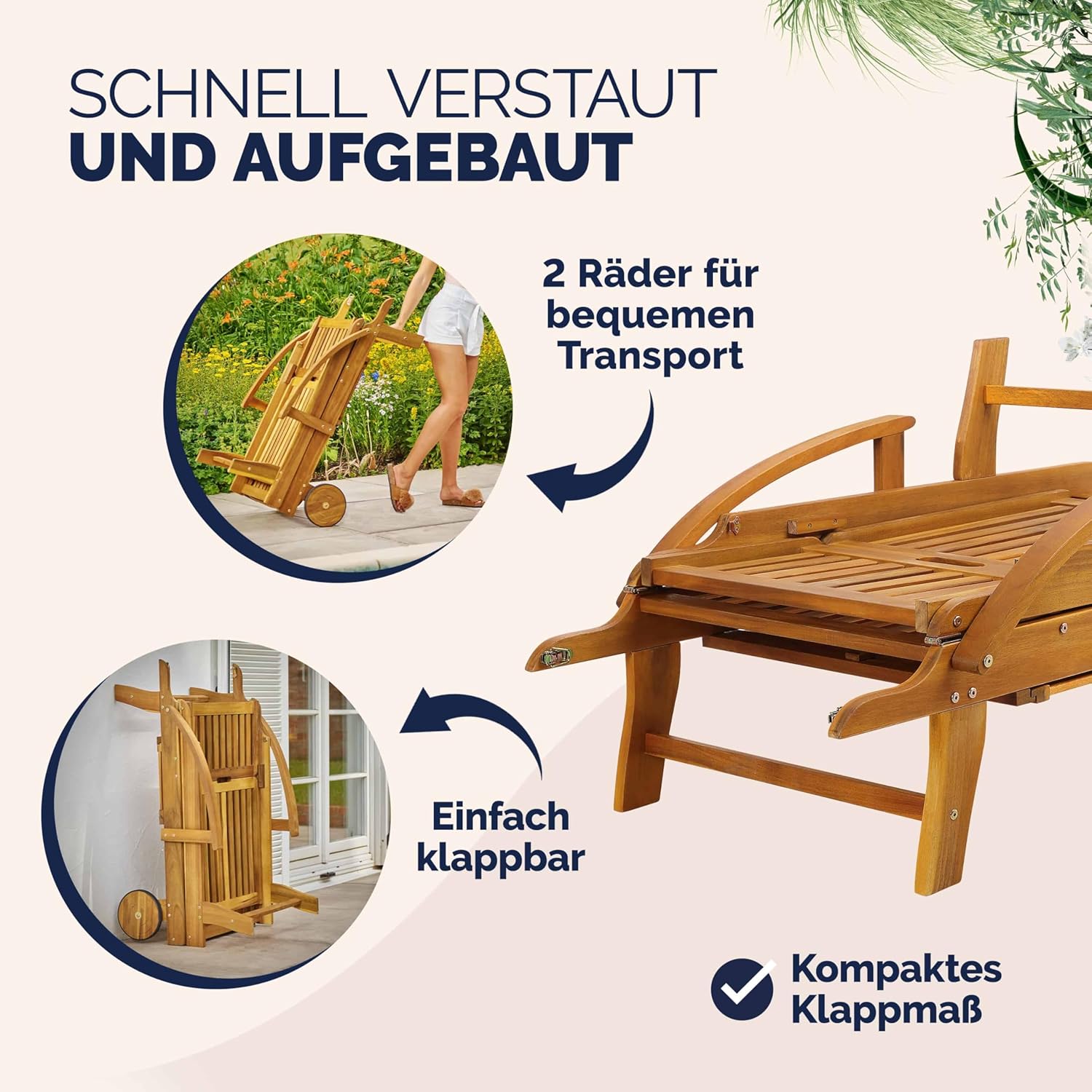 Casaria® Sonnenliege 2er Set Klappbar Wetterfest 2 Personen Holz Gartenliege mit 2 Räder Ablage Tisch Liegestuhl Verstellbare Rücken- Fußlehne Garten 196cm — Ansicht 5