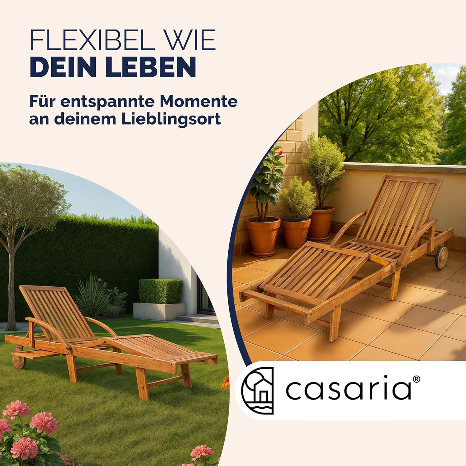 Casaria® Sonnenliege 2er Set Klappbar Wetterfest 2 Personen Holz Gartenliege mit 2 Räder Ablage Tisch Liegestuhl Verstellbare Rücken- Fußlehne Garten 196cm — Ansicht 6