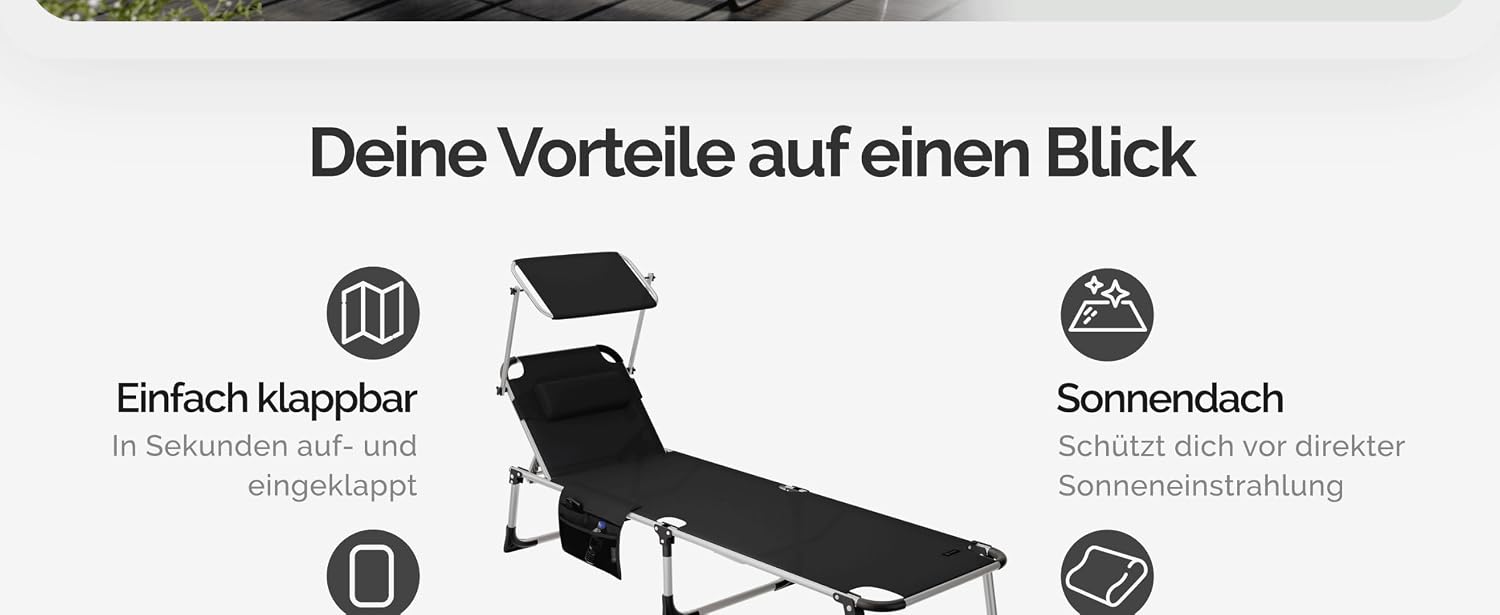 Casaria® Sonnenliege Aluminium Klappbar 180 kg Belastbar Gartenliege Sonnendach Kissen Seitentasche Leicht Wetterfest Liegestuhl Garten 210x61cm Grau — Ansicht 3