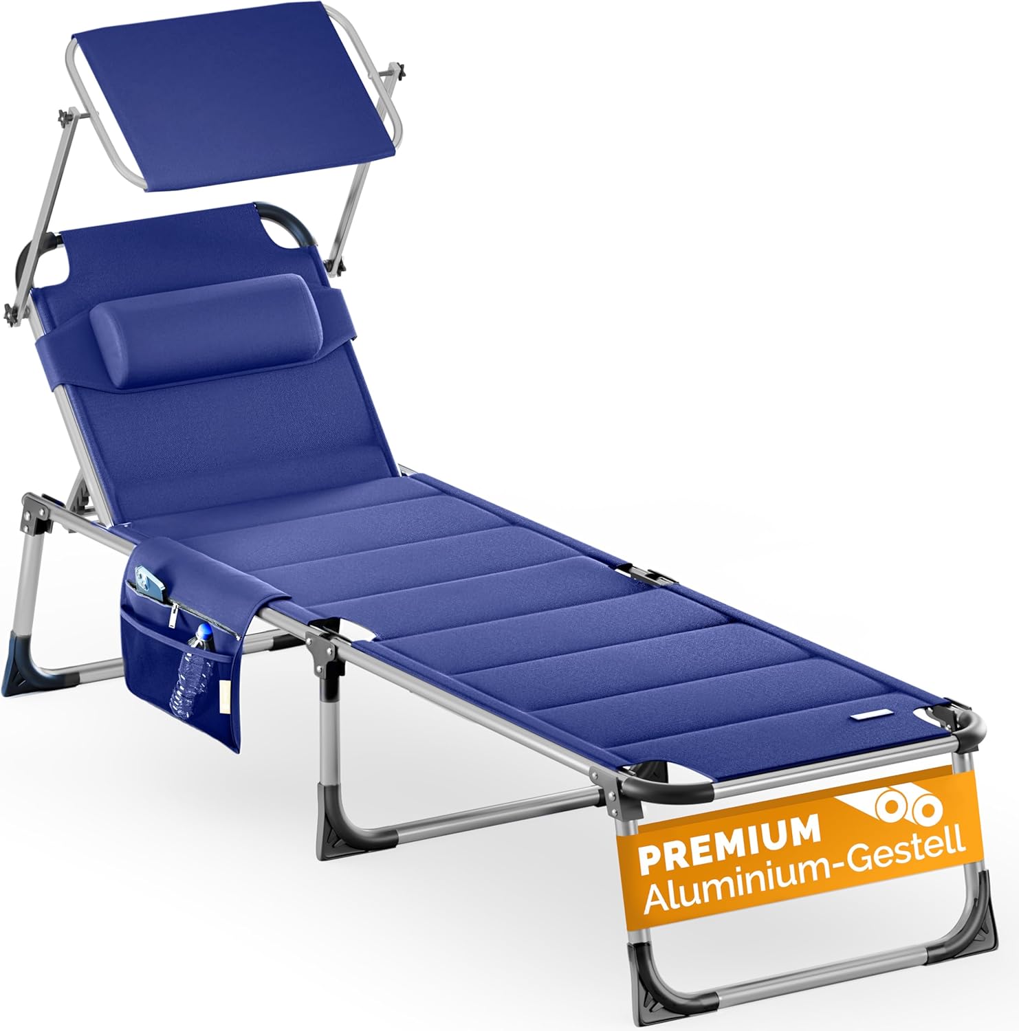 Casaria® Sonnenliege Bari klappbar Wetterfest mit Dach Kopfkissen Gartenliege leicht Aluminium Sonnenliege Liegestuhl 150kg belastbar Blau meliert
