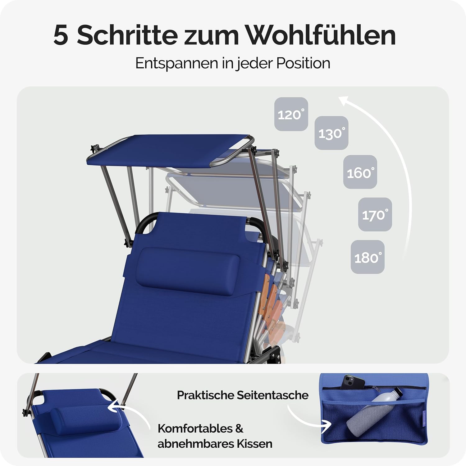Casaria® Sonnenliege Bari klappbar Wetterfest mit Dach Kopfkissen Gartenliege leicht Aluminium Sonnenliege Liegestuhl 150kg belastbar Blau meliert — Ansicht 5