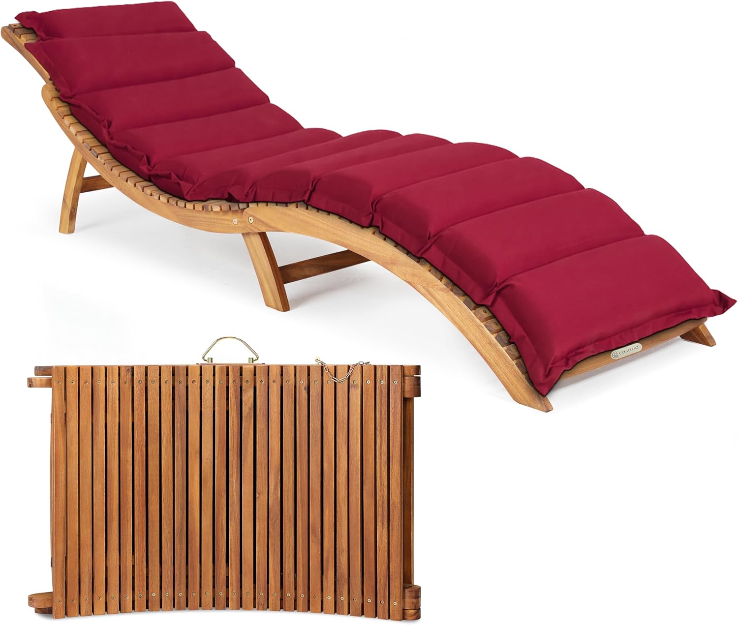 Casaria® Sonnenliege Holz inkl. Auflage Rot FSC®-Zertifiziert Akazie 320kg Belastbar 190x60cm Klappbar Tragegriff Gartenliege Balkon Garten Terrasse Liege Wetterfest