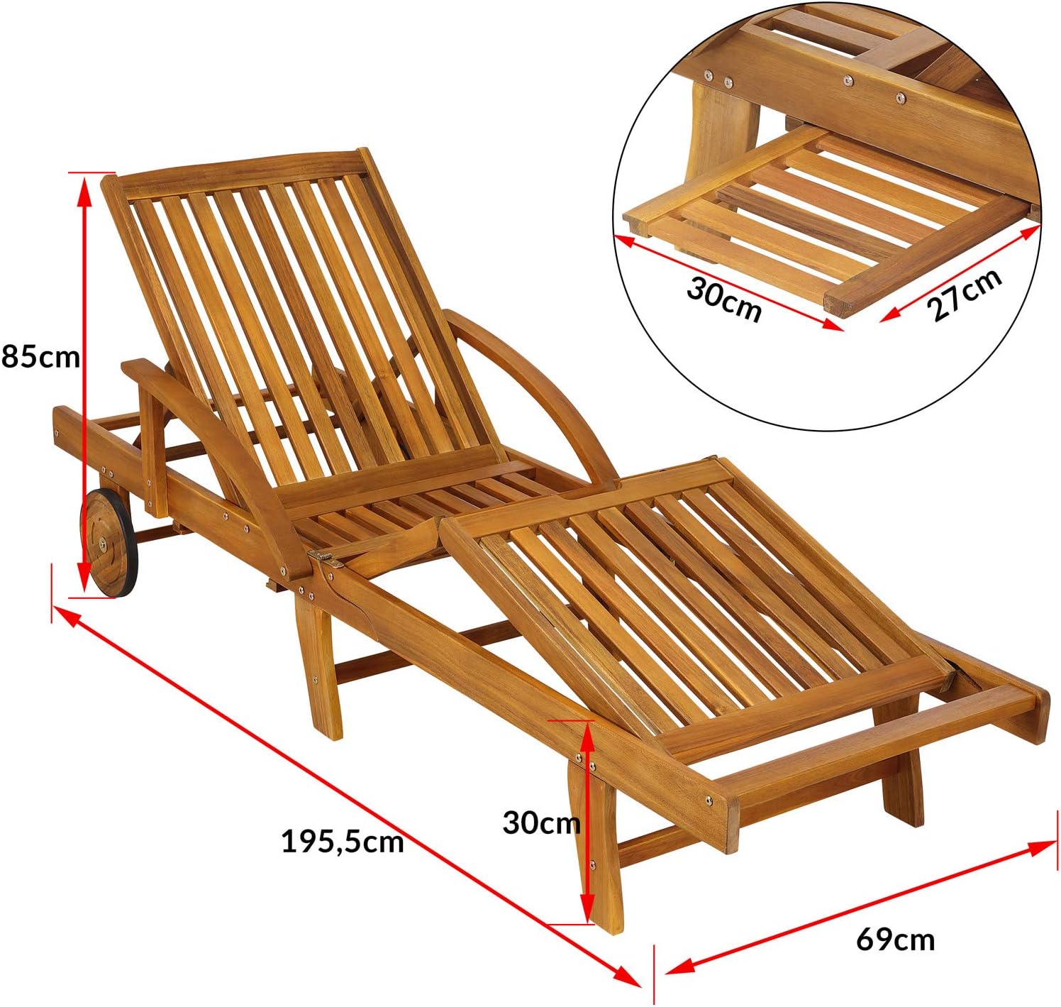 Casaria® Sonnenliege Holz Klappbar inkl. Auflage 160kg Belastbar Fuß- und Rückenteil Räder Ablage Garten Balkon Terrasse Liege 200cm Anthrazit Akazie — Ansicht 3