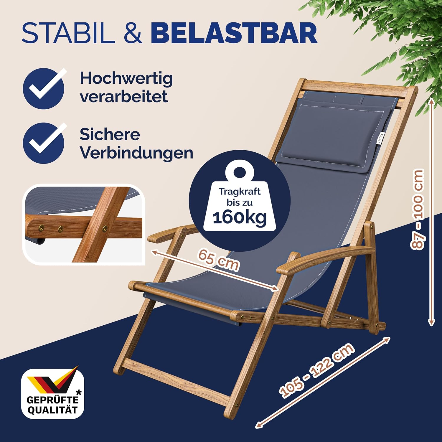 Casaria® Sonnenliege Holz Wetterfest Klappbar 3-Fach Verstellbar bis 160kg Gartenliege Outdoor mit Nackenkissen & Armlehnen Liegestuhl für Garten Balkon Terrasse Camping Akazienholz — Ansicht 3