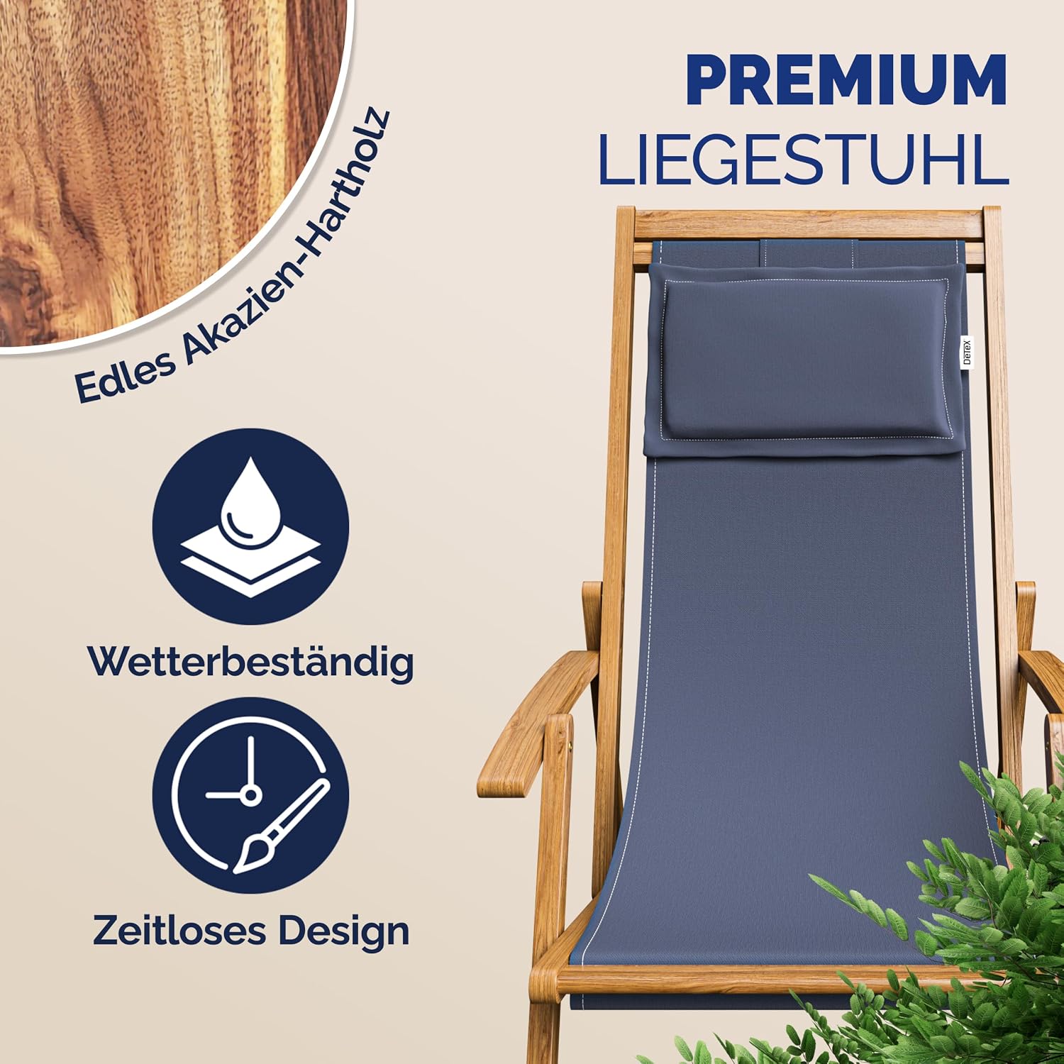 Casaria® Sonnenliege Holz Wetterfest Klappbar 3-Fach Verstellbar bis 160kg Gartenliege Outdoor mit Nackenkissen & Armlehnen Liegestuhl für Garten Balkon Terrasse Camping Akazienholz — Ansicht 4