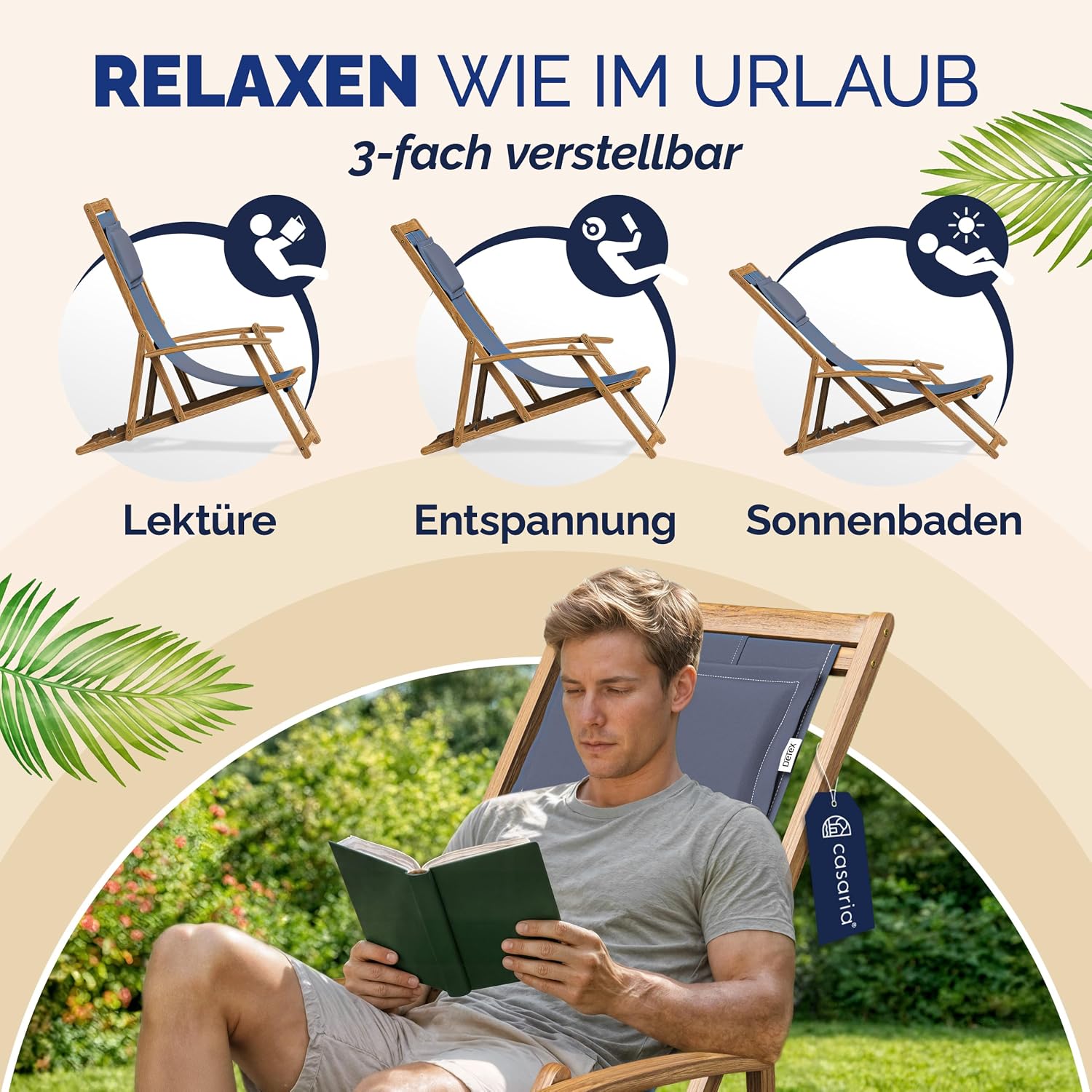 Casaria® Sonnenliege Holz Wetterfest Klappbar 3-Fach Verstellbar bis 160kg Gartenliege Outdoor mit Nackenkissen & Armlehnen Liegestuhl für Garten Balkon Terrasse Camping Akazienholz — Ansicht 6