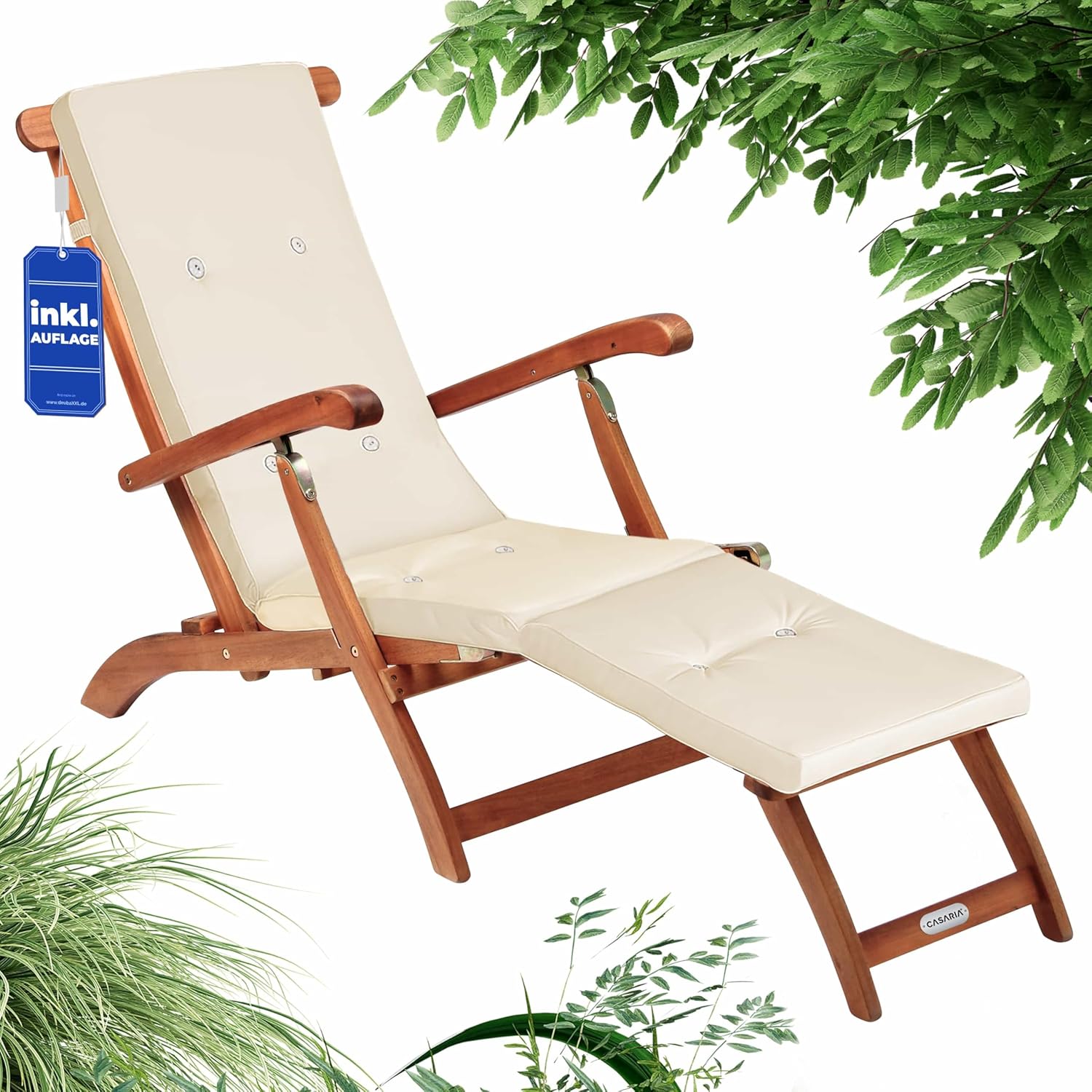 Casaria® Sonnenliege Klappbar Holz Auflage Creme 160kg Belastbar Wetterfest Akazie Rückenlehne Verstellbar FSC®-Zertifiziert Balkon Garten Liege 169x54cm