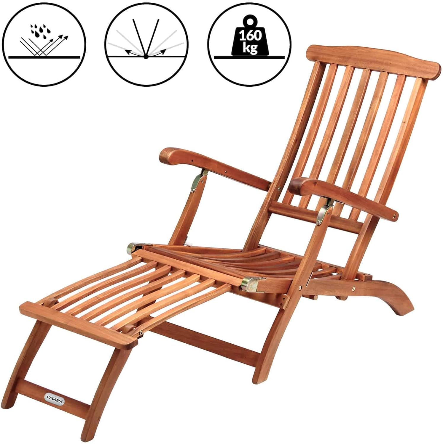 Casaria® Sonnenliege Klappbar Holz Auflage Creme 160kg Belastbar Wetterfest Akazie Rückenlehne Verstellbar FSC®-Zertifiziert Balkon Garten Liege 169x54cm — Ansicht 3