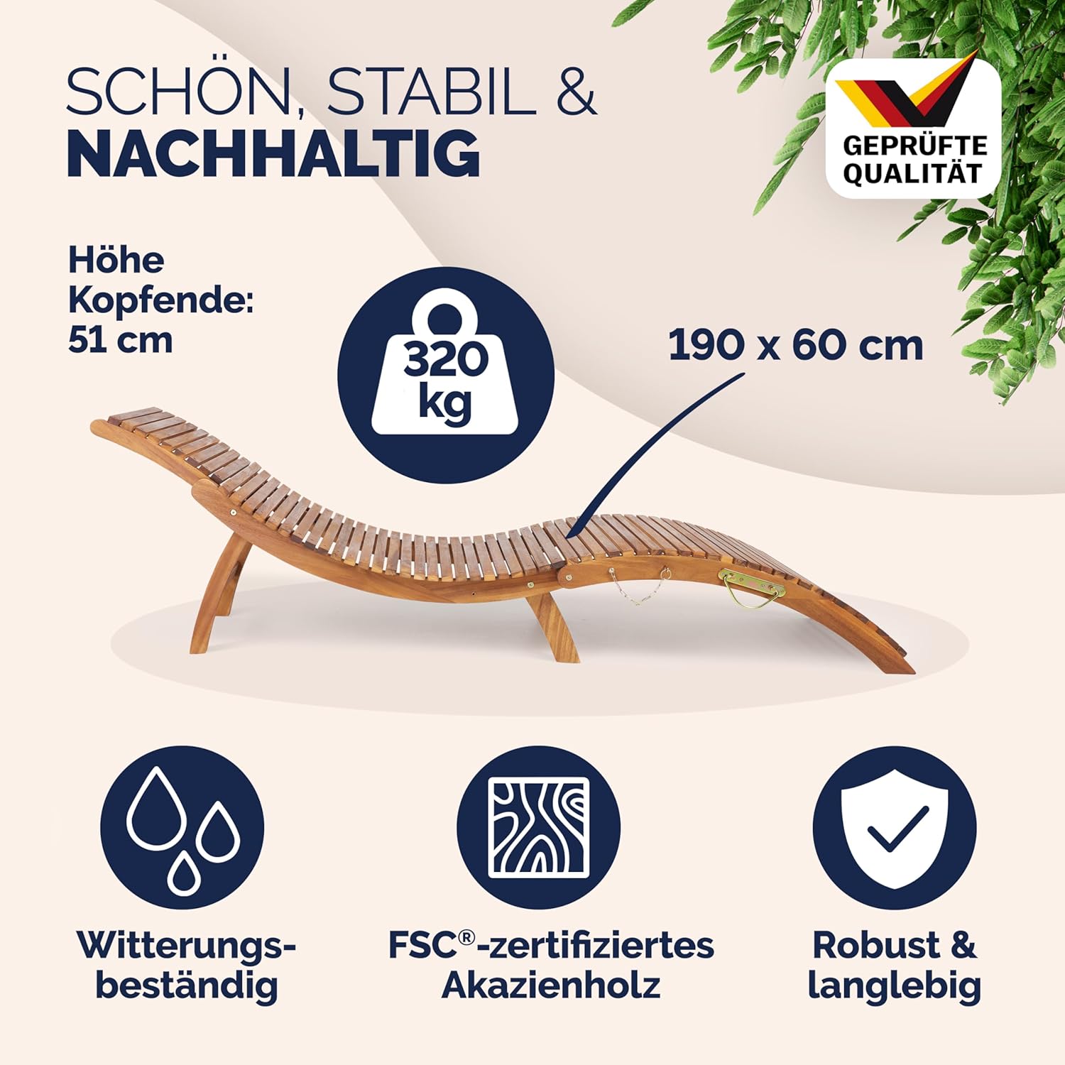 Casaria® Sonnenliege Klappbar Holz FSC®-Zertifiziert 320kg Belastbarkeit 190x60cm Tragegriff Kofferfunktion Garten Balkon Terrasse Gartenliege Klappliege Akazie — Ansicht 3