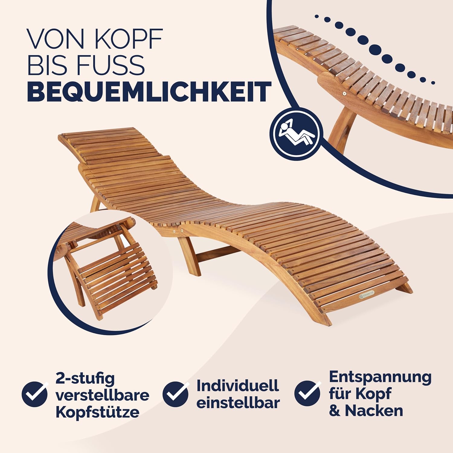 Casaria® Sonnenliege Klappbar Holz FSC®-Zertifiziert 320kg Belastbarkeit 190x60cm Tragegriff Kofferfunktion Garten Balkon Terrasse Gartenliege Klappliege Akazie — Ansicht 4