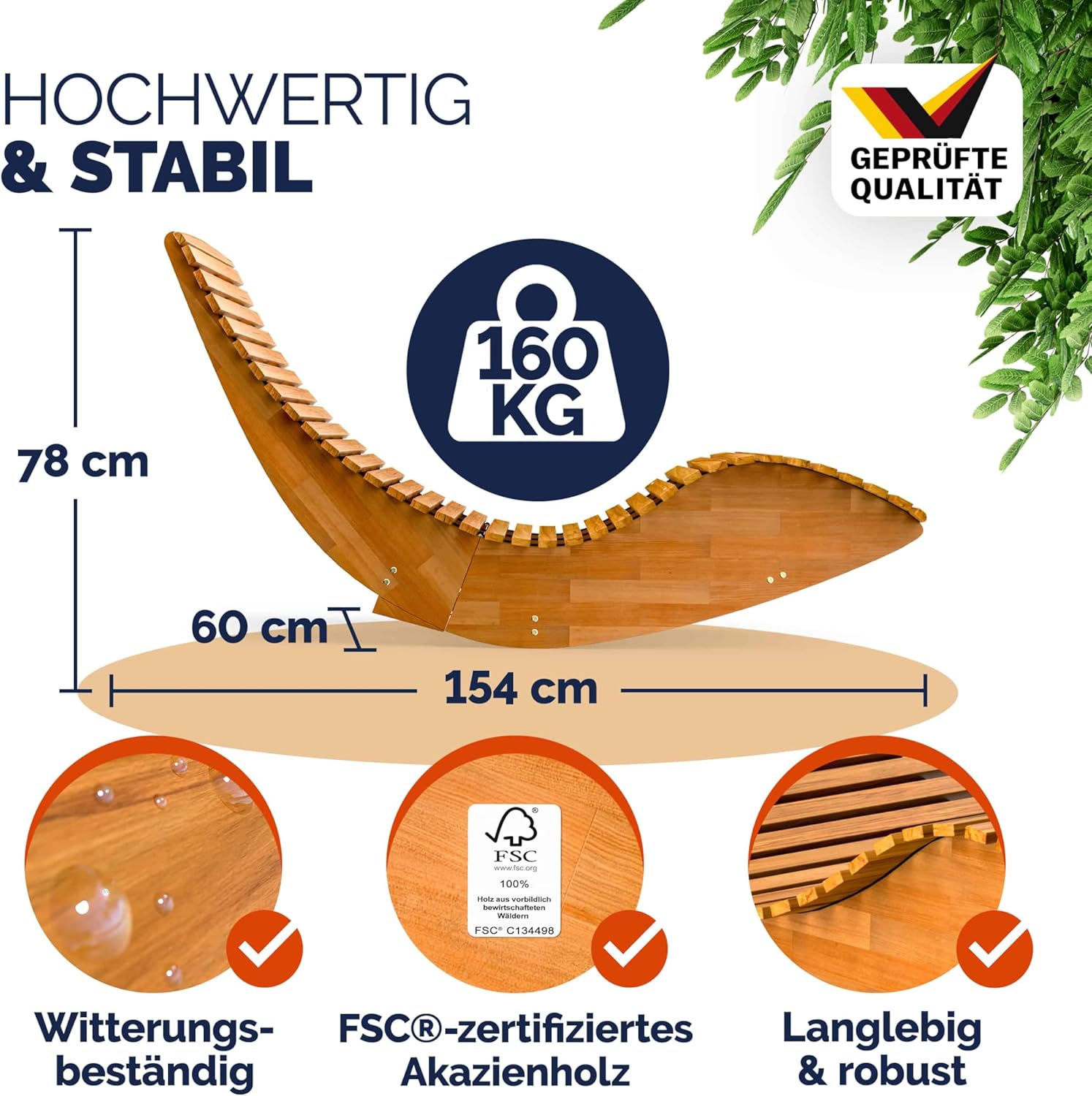 Casaria® Sonnenliege Klappbar Wetterfest Holz 160kg Belastbarkeit Pflegeleicht FSC®-Zertifiziert Akazie Garten Balkon Sauna Liege Holzliege Relaxliege 195x60cm — Ansicht 2