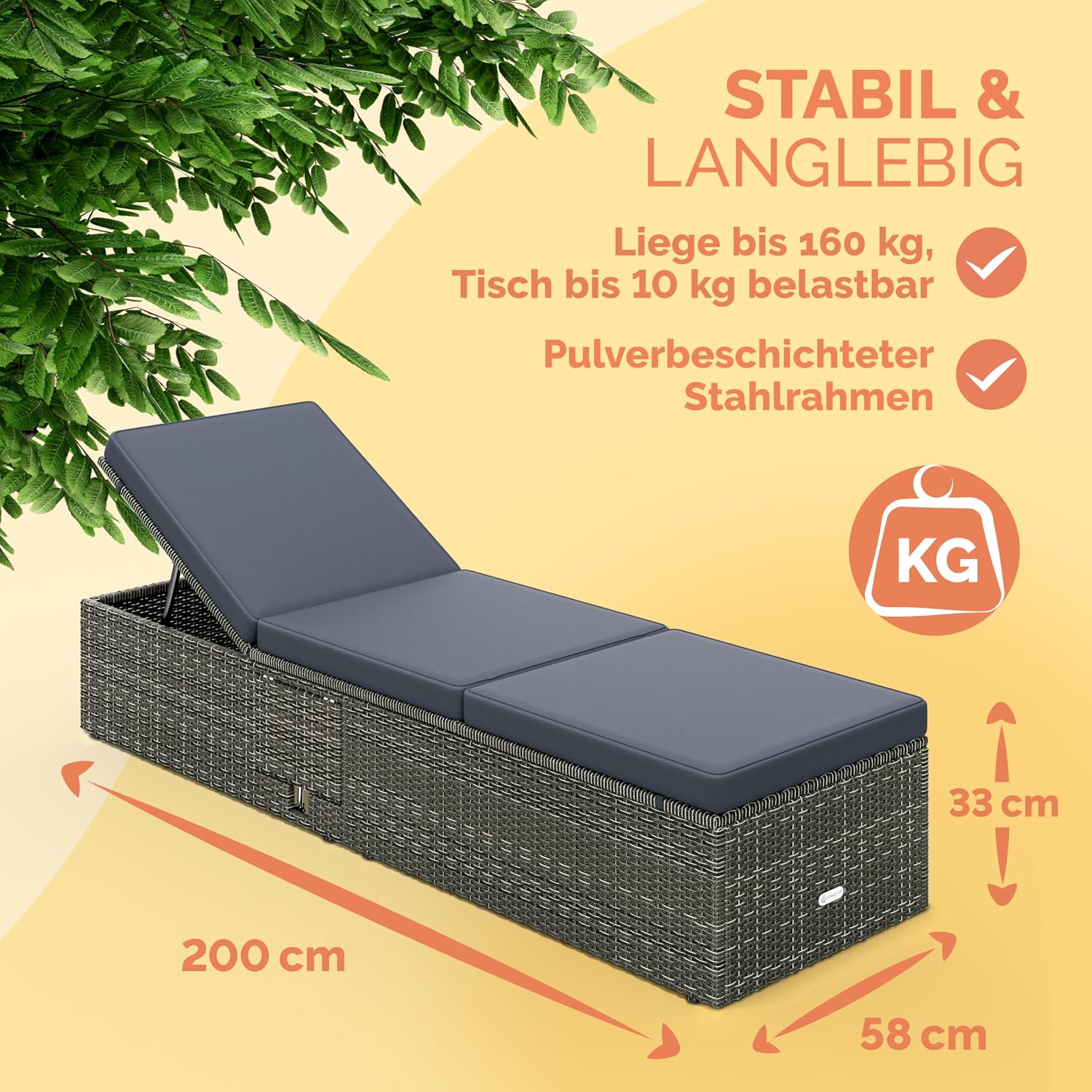 Casaria® Sonnenliege mit Klapptisch 7cm Auflagen Wetterfest Gartenliegen 160kg Belastbar Gartenmöbel Liegestuhl Polyrattan Grau Anthrazit 200x58cm — Ansicht 2