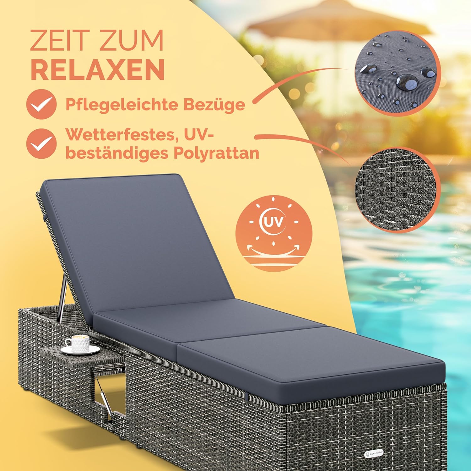 Casaria® Sonnenliege mit Klapptisch 7cm Auflagen Wetterfest Gartenliegen 160kg Belastbar Gartenmöbel Liegestuhl Polyrattan Grau Anthrazit 200x58cm — Ansicht 3