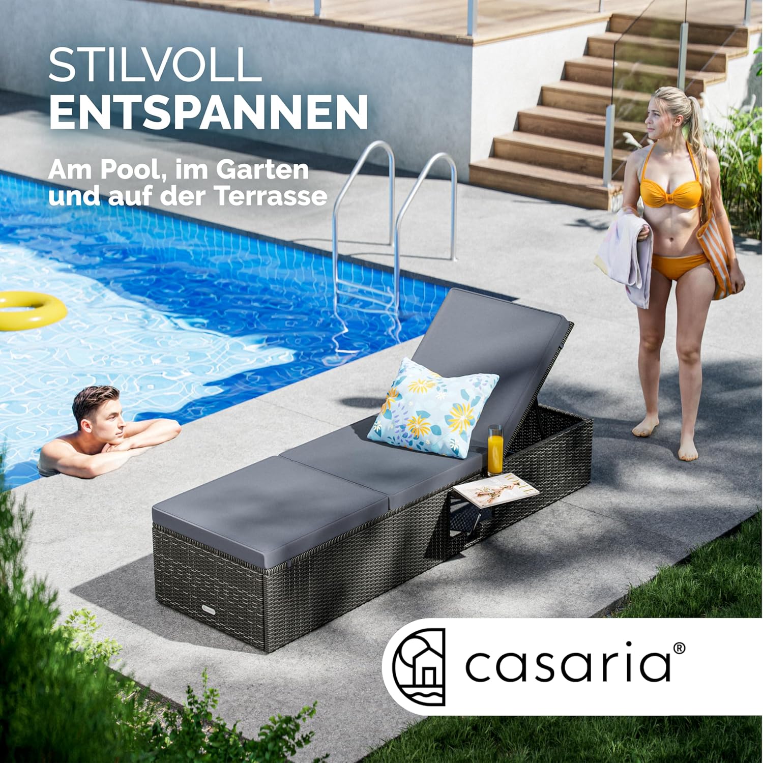 Casaria® Sonnenliege mit Klapptisch 7cm Auflagen Wetterfest Gartenliegen 160kg Belastbar Gartenmöbel Liegestuhl Polyrattan Grau Anthrazit 200x58cm — Ansicht 5