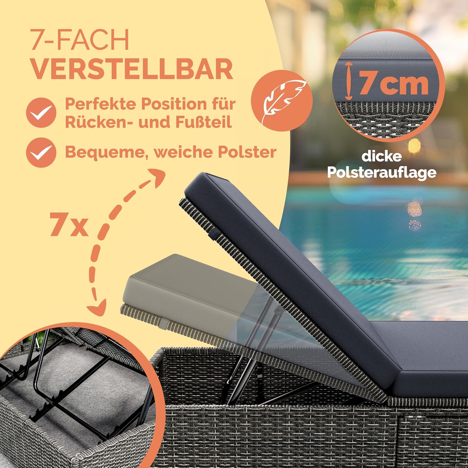Casaria® Sonnenliege mit Klapptisch 7cm Auflagen Wetterfest Gartenliegen 160kg Belastbar Gartenmöbel Liegestuhl Polyrattan Grau Anthrazit 200x58cm — Ansicht 6