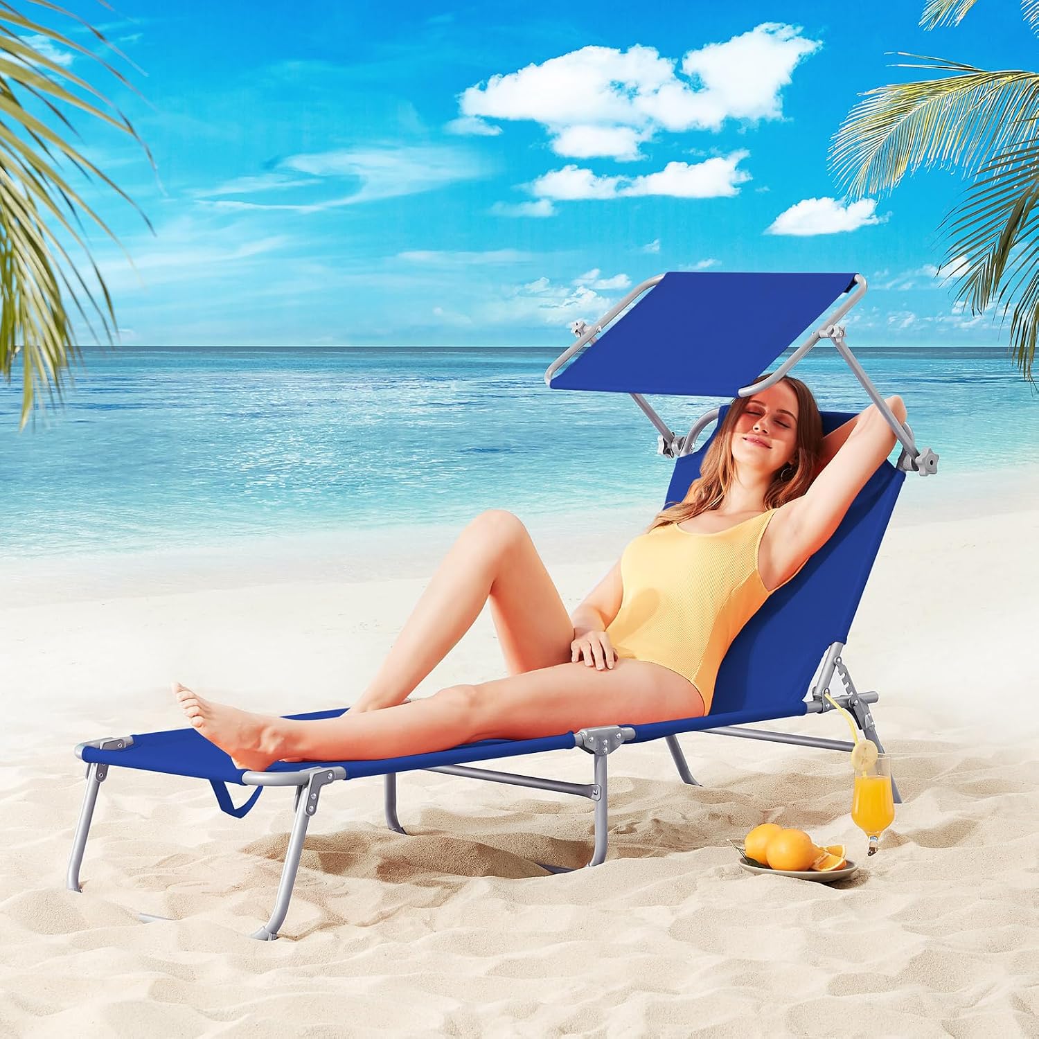 Casaria® Sonnenliege Wetterfest Gartenliege Klappbar mit Alu Sonnendach 130kg Belastbar 190x60cm Tragbar Leicht Garten Liegestuhl Klappliege Pool Blau — Ansicht 2