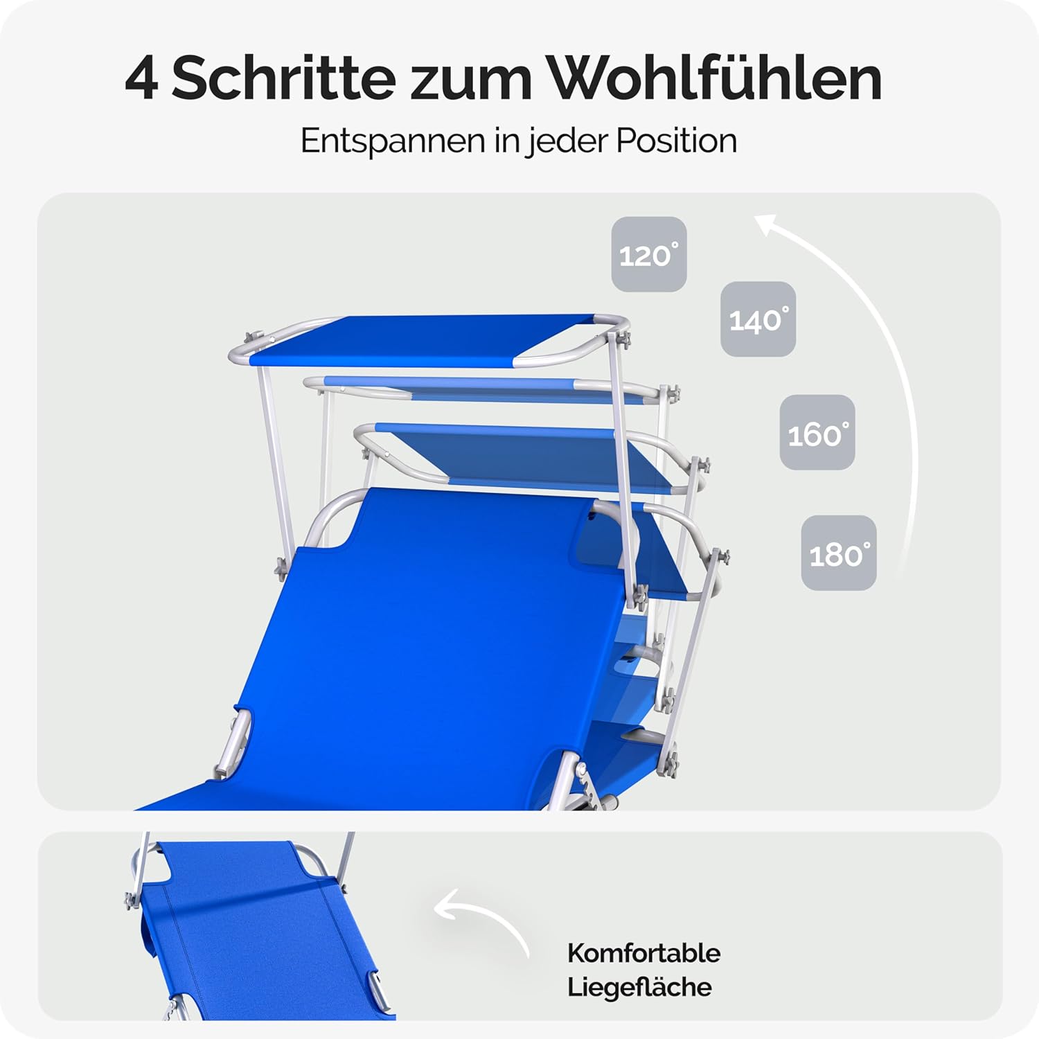 Casaria® Sonnenliege Wetterfest Gartenliege Klappbar mit Alu Sonnendach 130kg Belastbar 190x60cm Tragbar Leicht Garten Liegestuhl Klappliege Pool Blau — Ansicht 5
