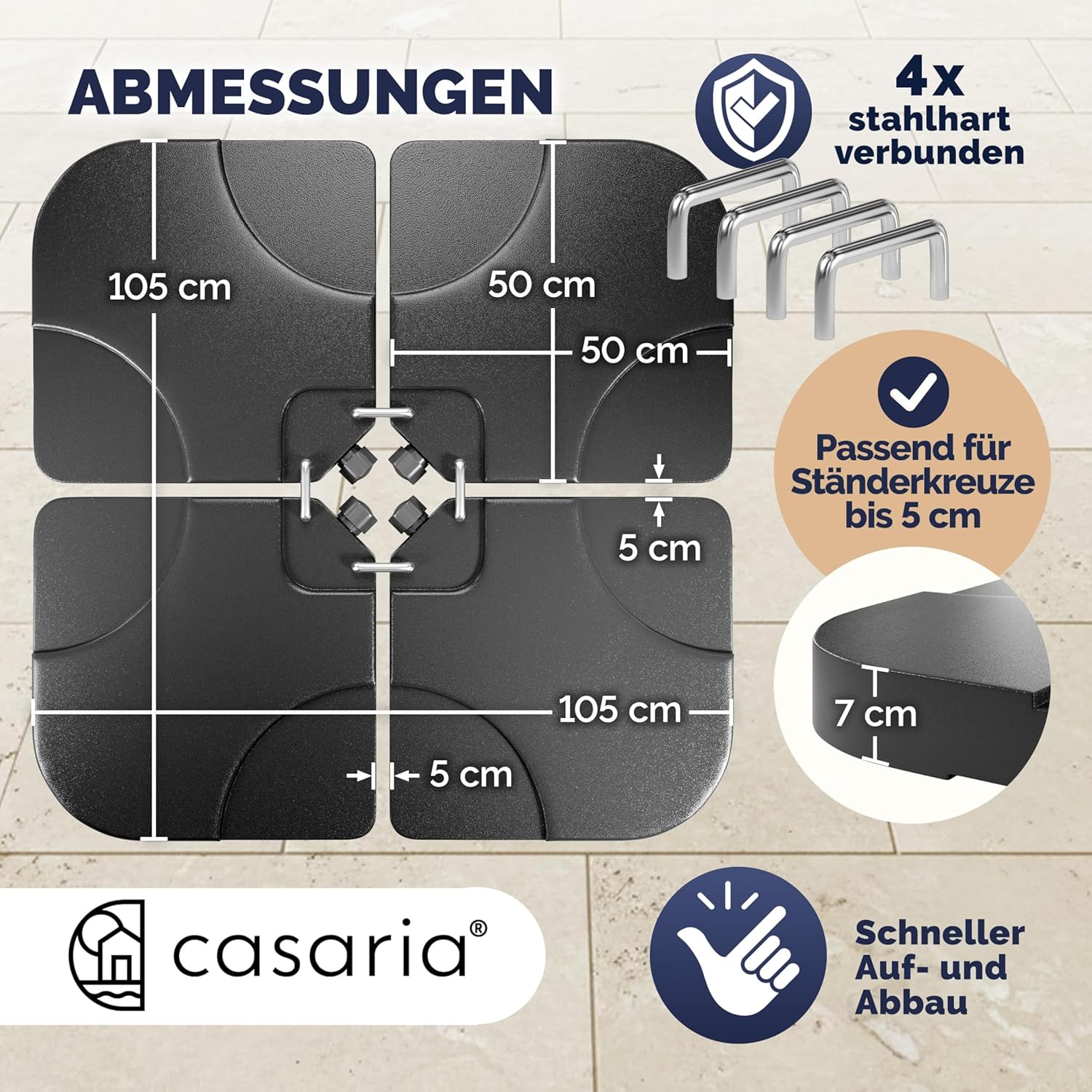 Casaria® Sonnenschirmständerplatten 4er Set bis 80 kg befüllbar mit Wasser Sand für Ampelschirm Bodenkreuz Metallverbindern wetterfestes Schirmgewicht — Ansicht 3