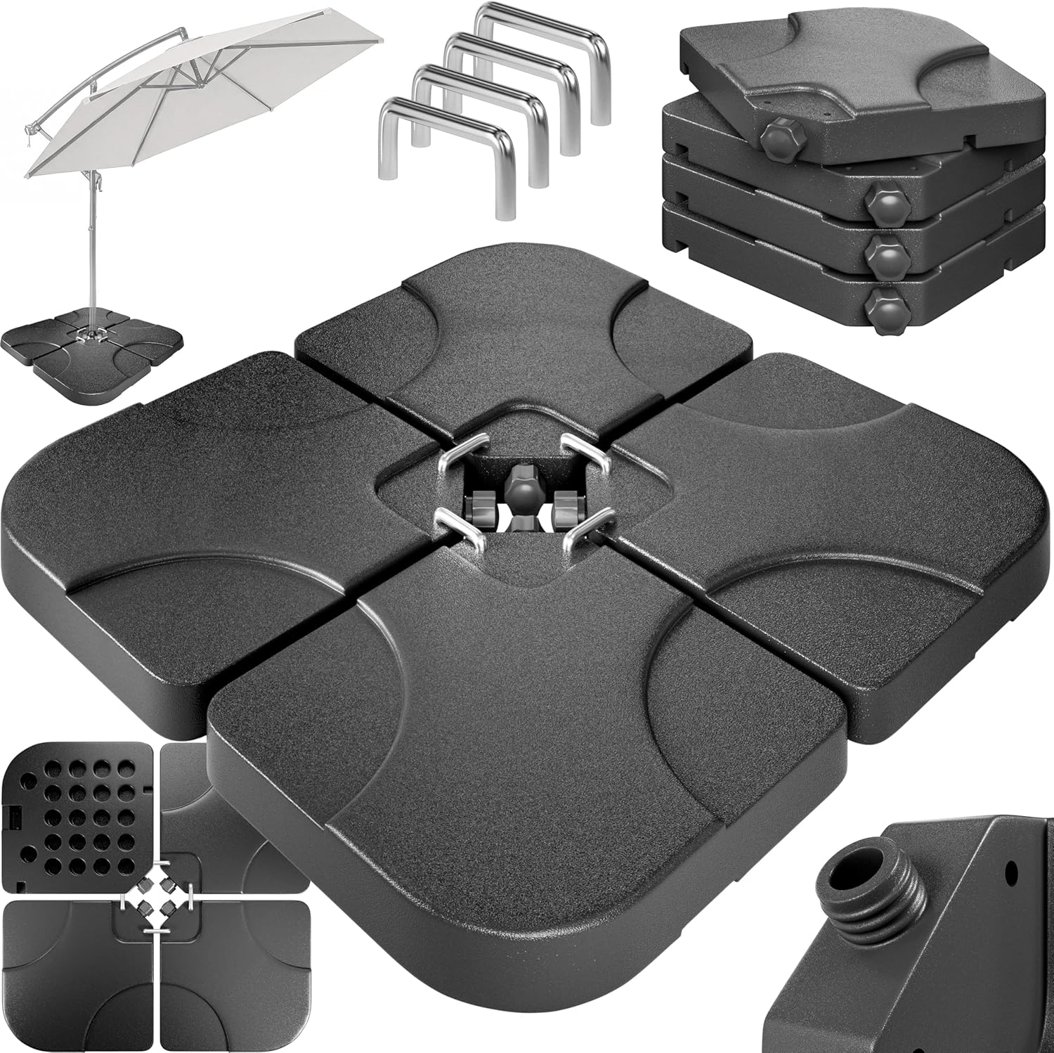 Casaria® Sonnenschirmständerplatten 4er Set bis 80 kg befüllbar mit Wasser Sand für Ampelschirm Bodenkreuz Metallverbindern wetterfestes Schirmgewicht