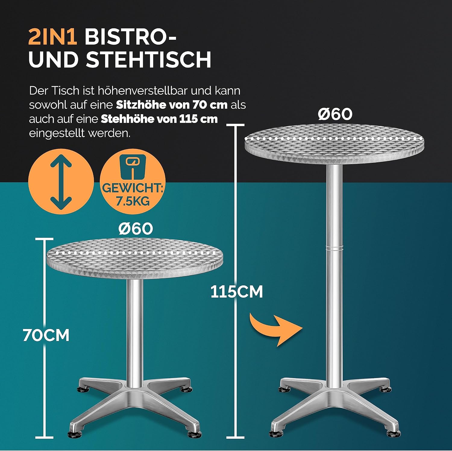 Casaria® Stehtisch 2er Set Klappbar Höhenverstellbar 70cm / 115cm Hoch Aluminium Rund Ø 60cm Wetterfest Outdoor Garten Bistrotisch Bartisch Partytisch — Ansicht 3